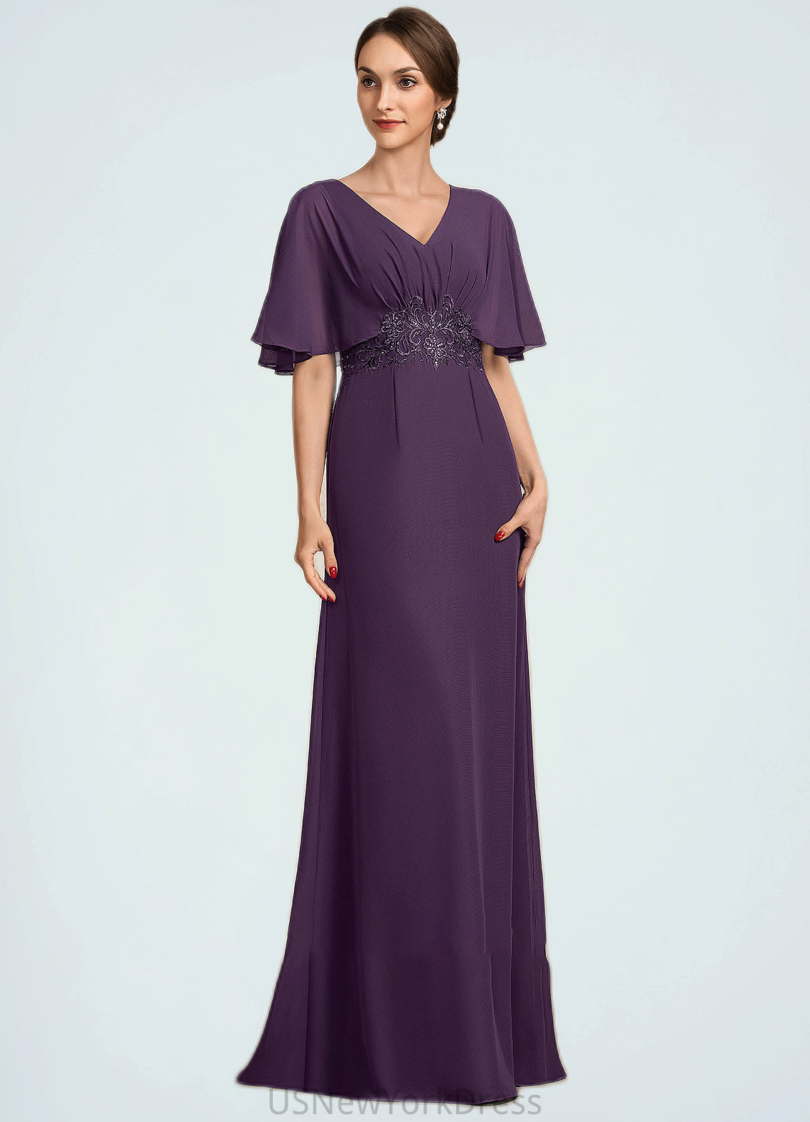 Pamela A-Line V-neck Floor-Length Chiffon Mother of the Bride Dress With Lace Sequins DJ126P0014665