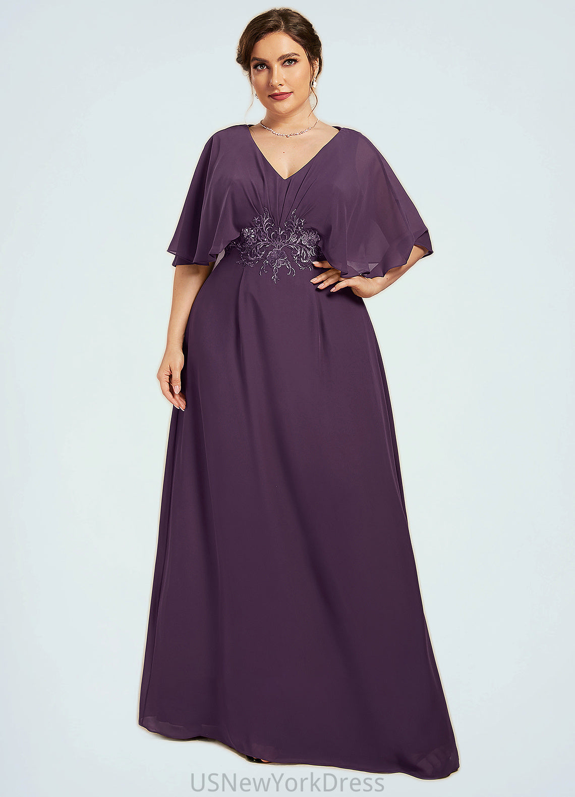 Pamela A-Line V-neck Floor-Length Chiffon Mother of the Bride Dress With Lace Sequins DJ126P0014665