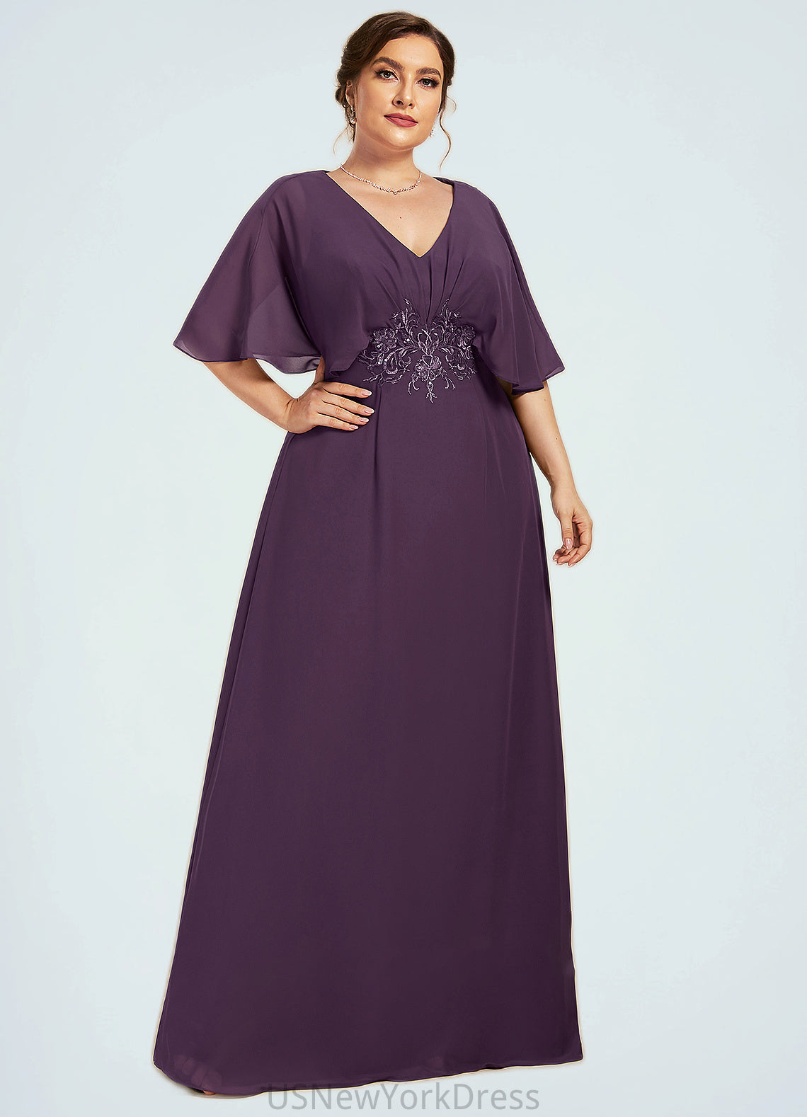 Pamela A-Line V-neck Floor-Length Chiffon Mother of the Bride Dress With Lace Sequins DJ126P0014665