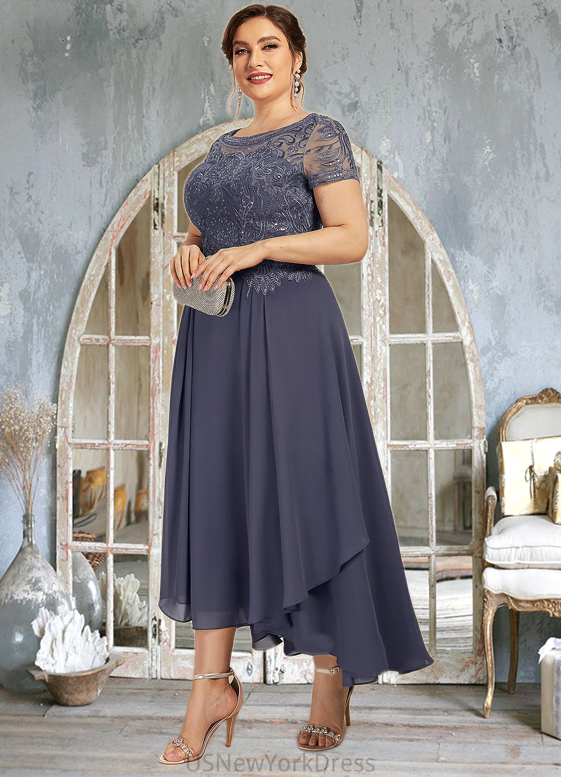 Jean A-Line Scoop Neck Asymmetrical Chiffon Lace Mother of the Bride Dress With Sequins DJ126P0014667