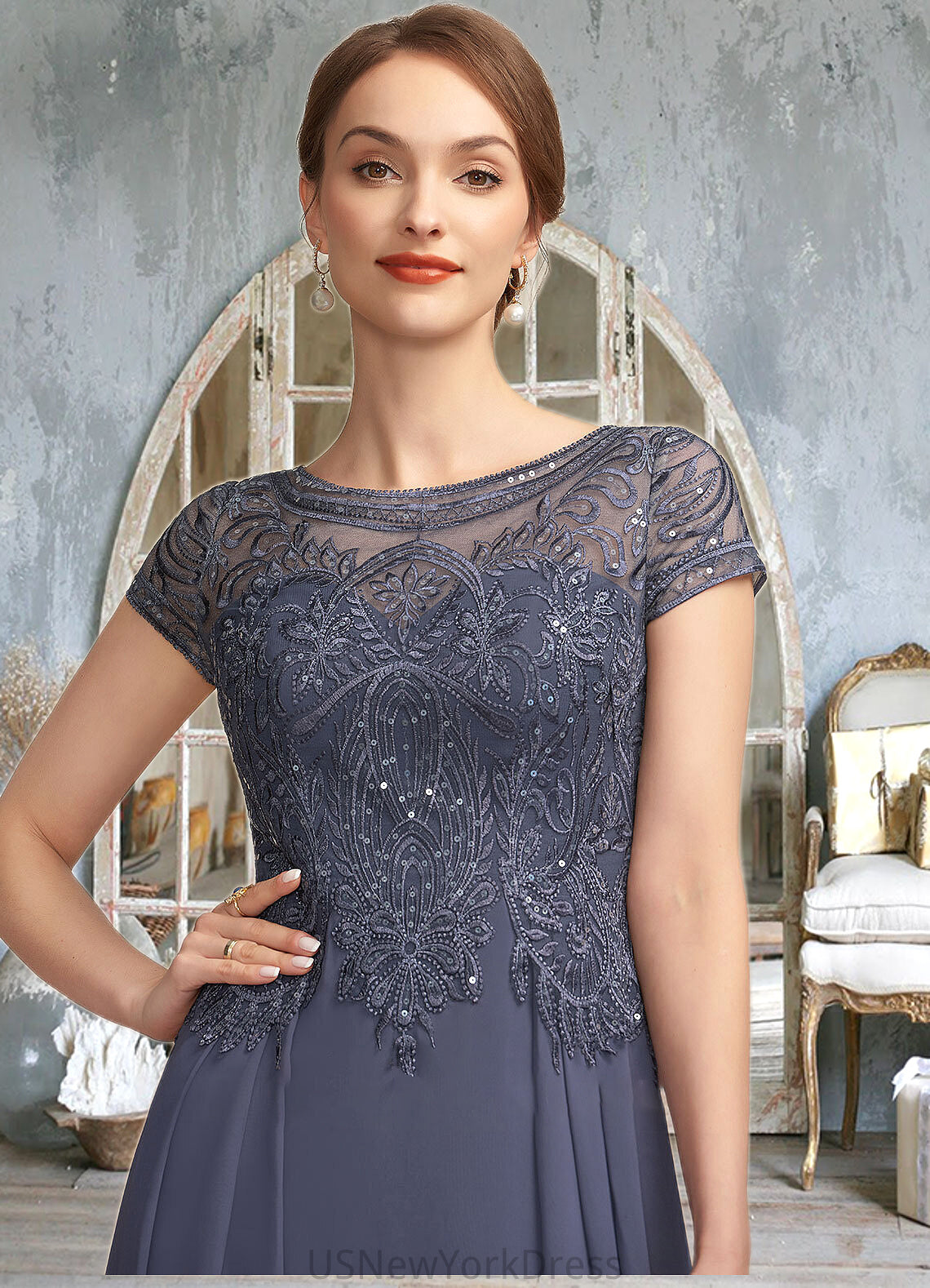 Jean A-Line Scoop Neck Asymmetrical Chiffon Lace Mother of the Bride Dress With Sequins DJ126P0014667