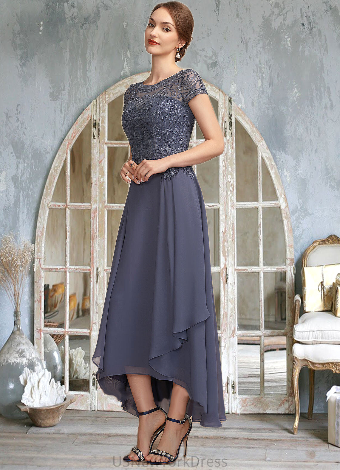 Jean A-Line Scoop Neck Asymmetrical Chiffon Lace Mother of the Bride Dress With Sequins DJ126P0014667