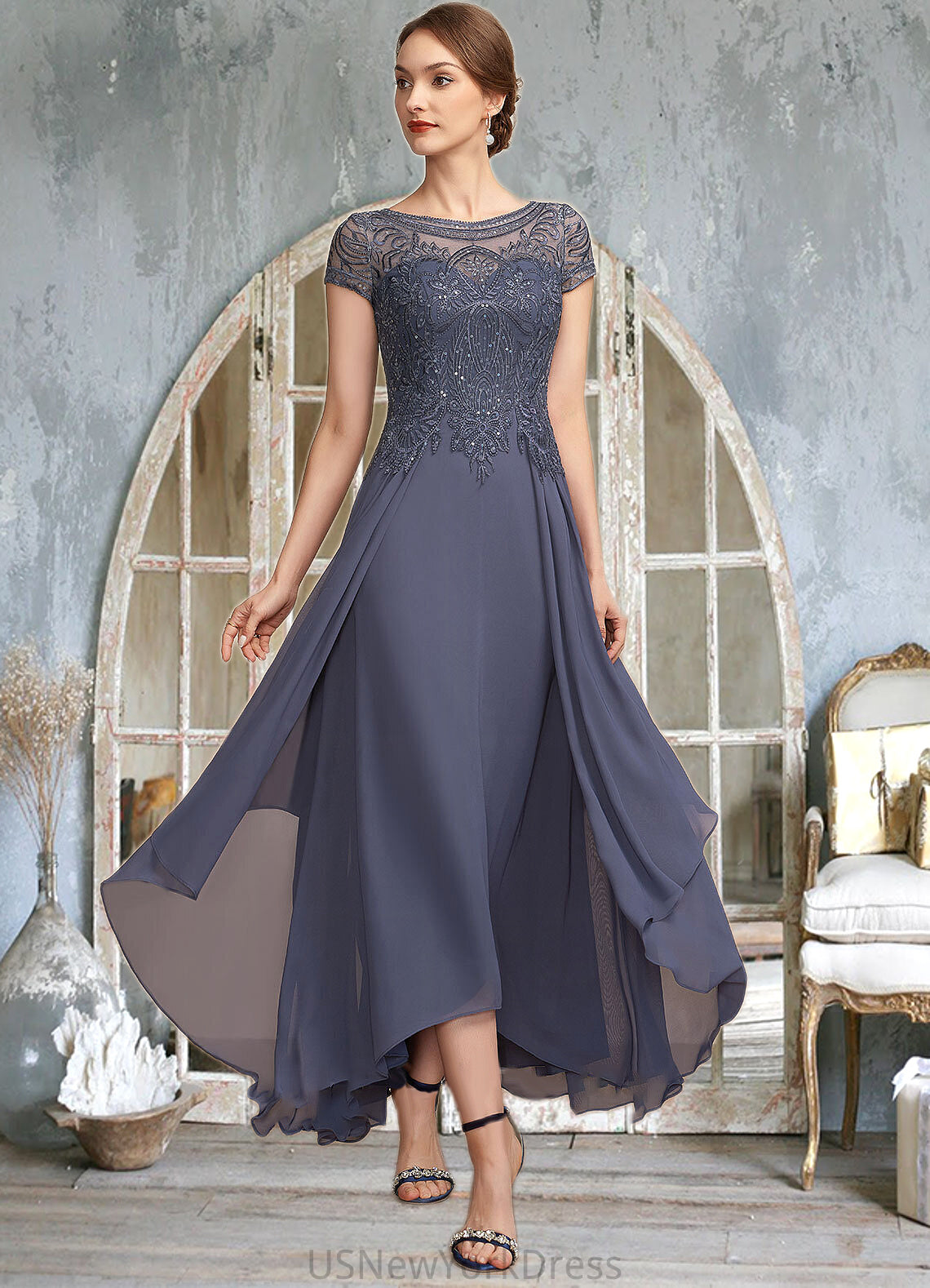 Jean A-Line Scoop Neck Asymmetrical Chiffon Lace Mother of the Bride Dress With Sequins DJ126P0014667