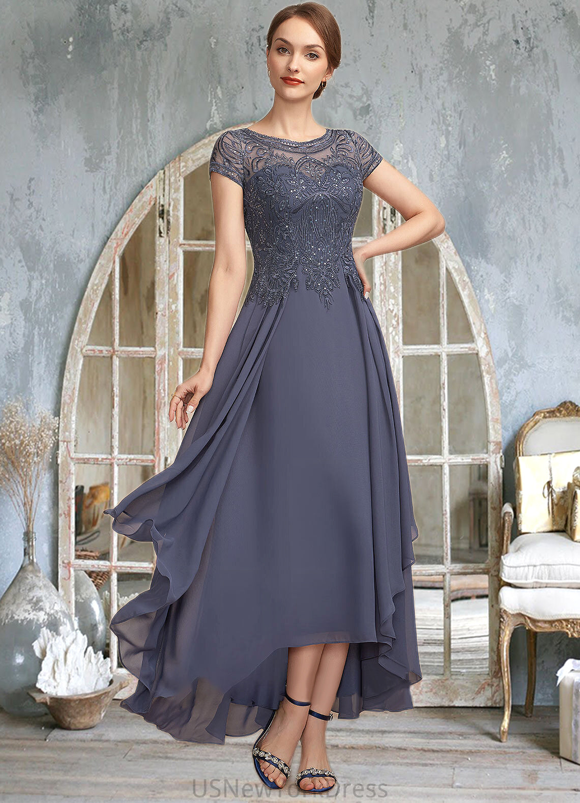 Jean A-Line Scoop Neck Asymmetrical Chiffon Lace Mother of the Bride Dress With Sequins DJ126P0014667