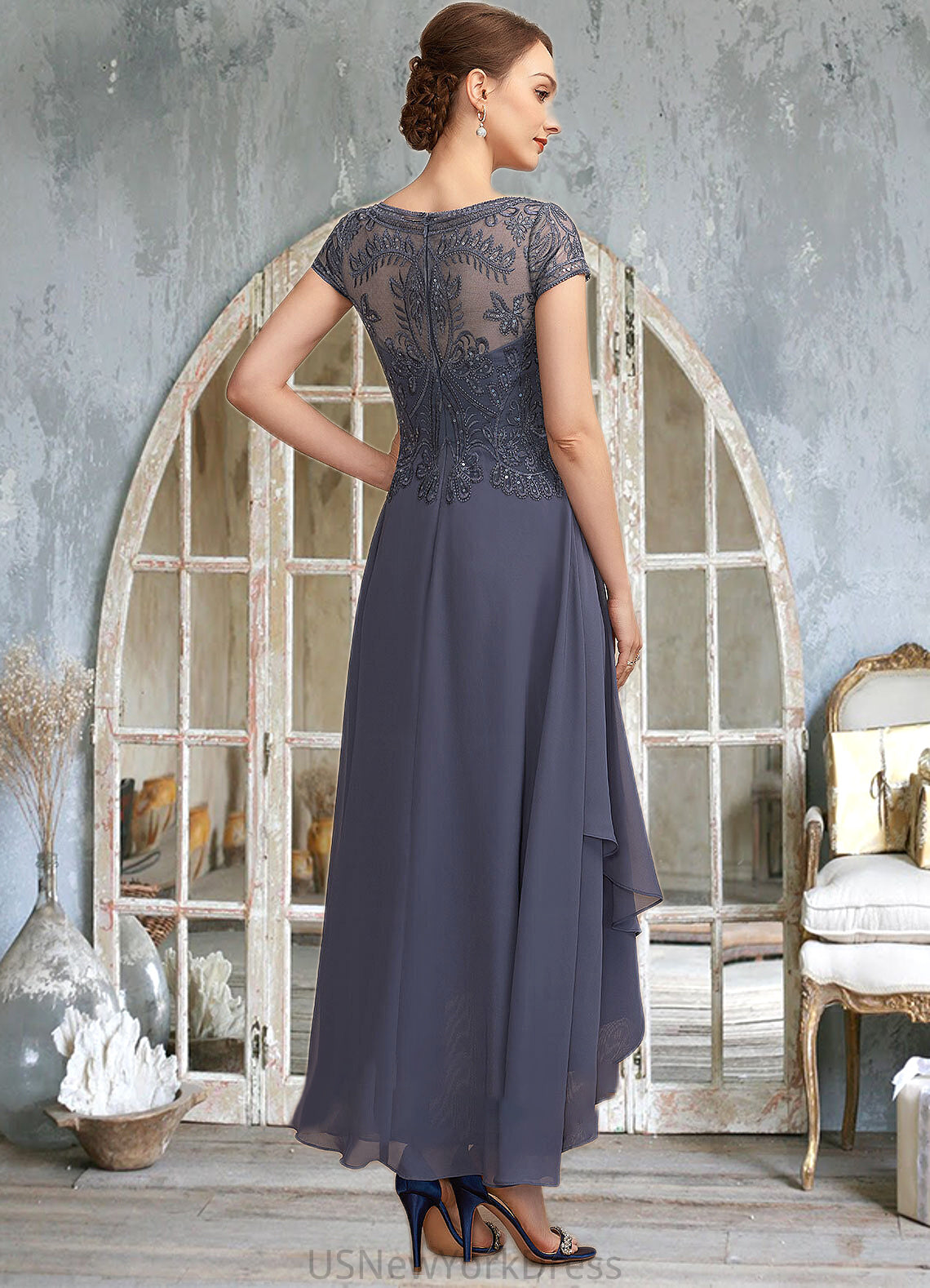 Jean A-Line Scoop Neck Asymmetrical Chiffon Lace Mother of the Bride Dress With Sequins DJ126P0014667