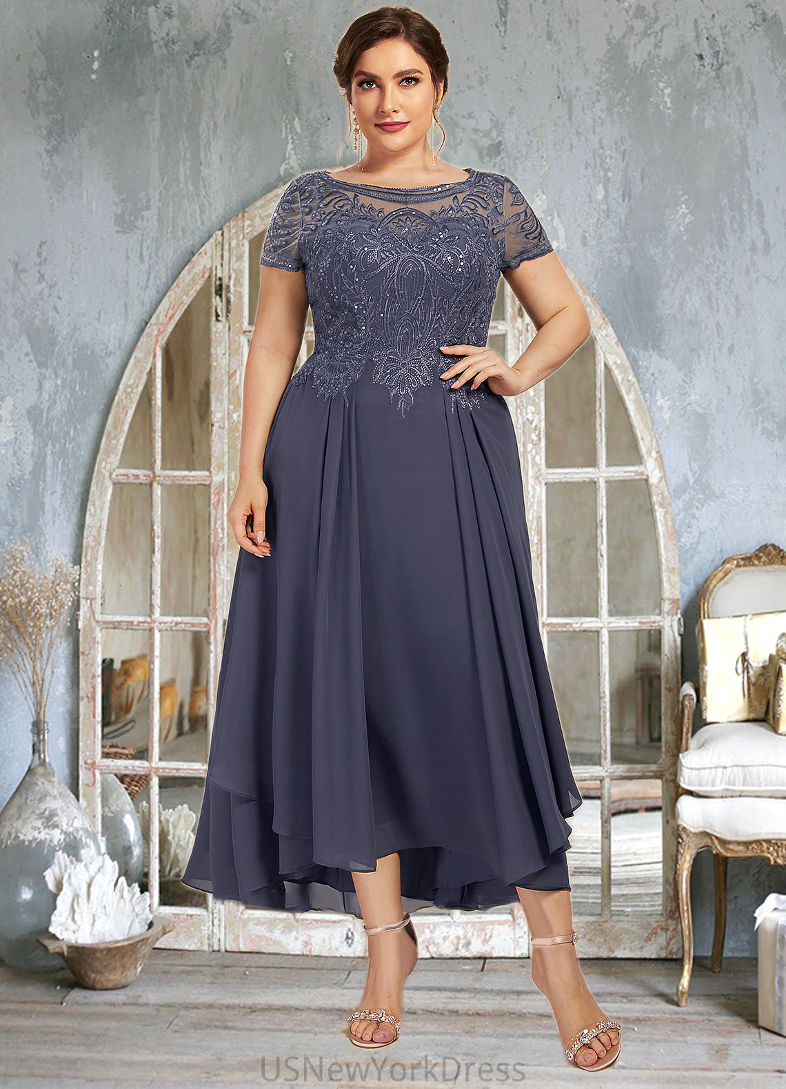 Jean A-Line Scoop Neck Asymmetrical Chiffon Lace Mother of the Bride Dress With Sequins DJ126P0014667