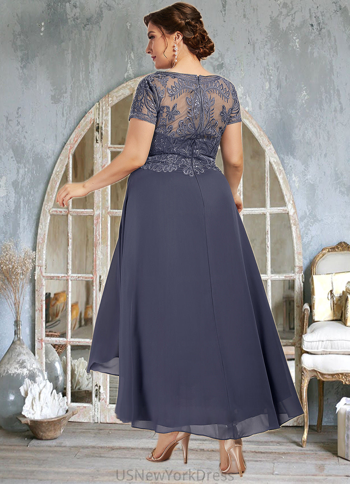 Jean A-Line Scoop Neck Asymmetrical Chiffon Lace Mother of the Bride Dress With Sequins DJ126P0014667