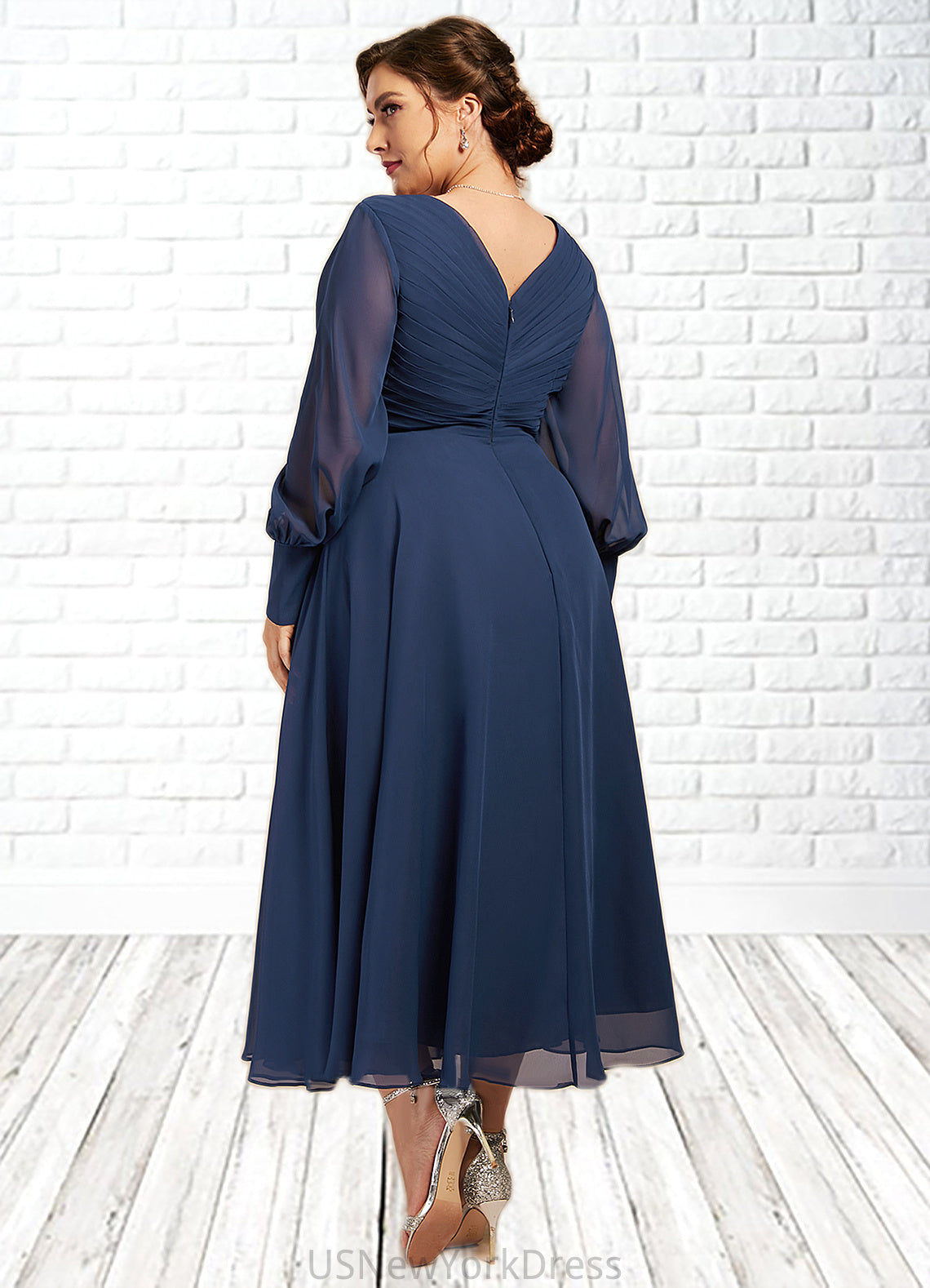 Annabel A-Line V-neck Tea-Length Chiffon Mother of the Bride Dress With Ruffle DJ126P0014669