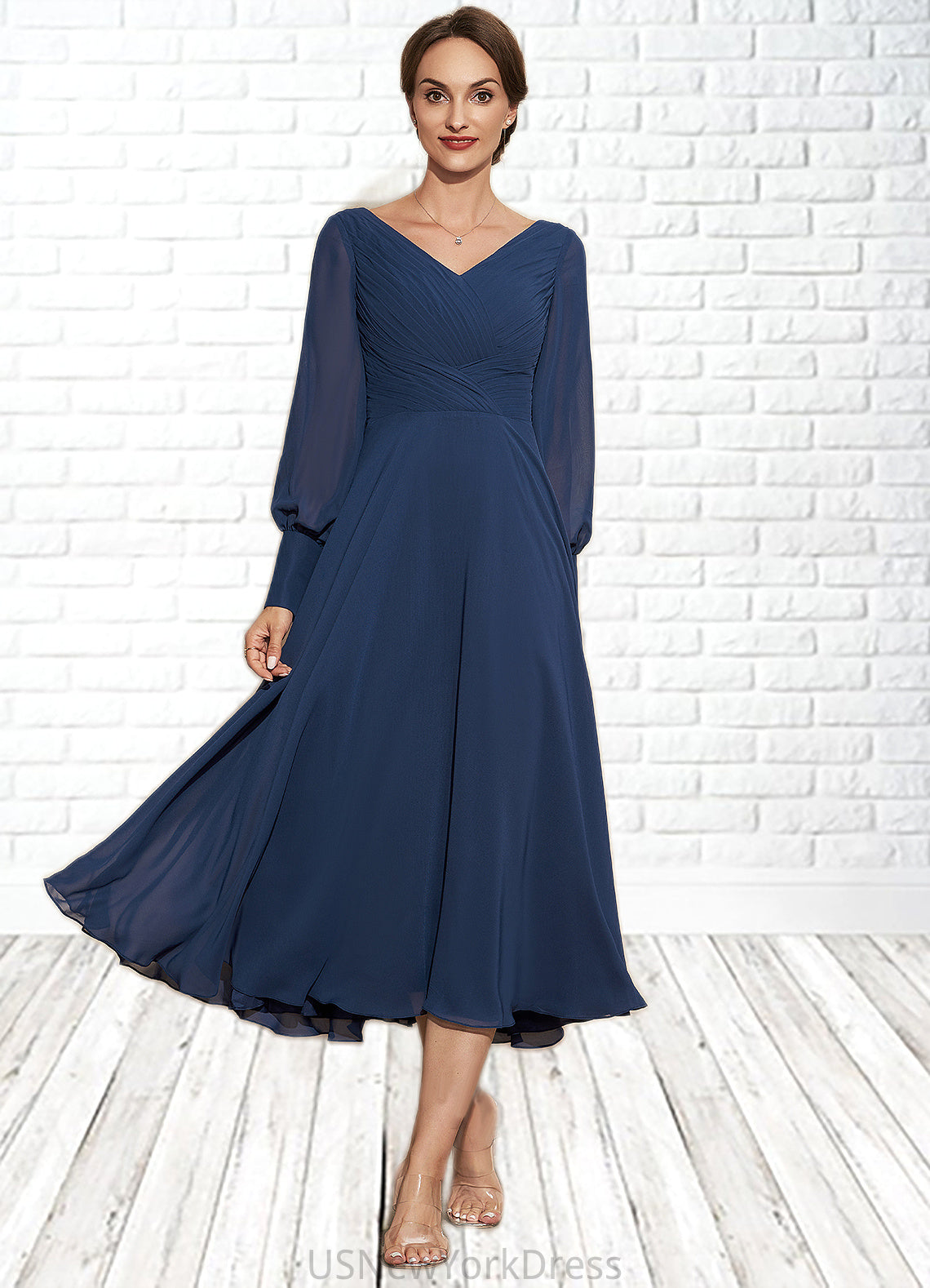 Annabel A-Line V-neck Tea-Length Chiffon Mother of the Bride Dress With Ruffle DJ126P0014669