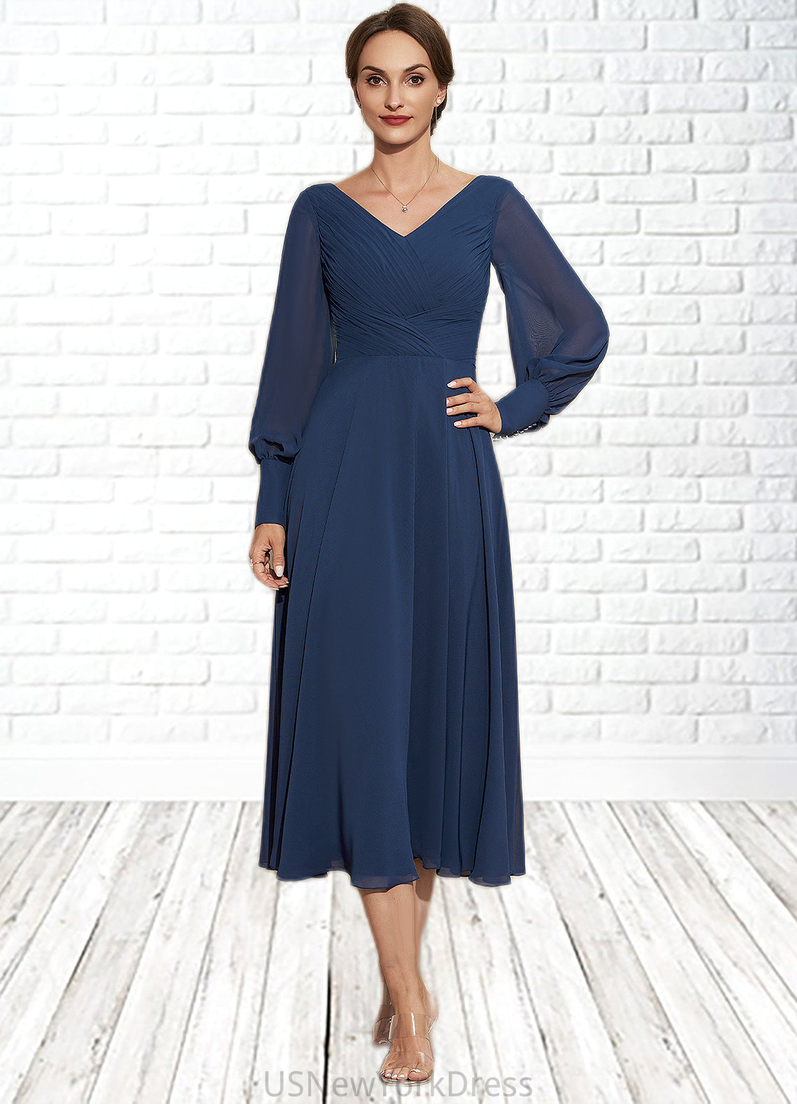 Annabel A-Line V-neck Tea-Length Chiffon Mother of the Bride Dress With Ruffle DJ126P0014669