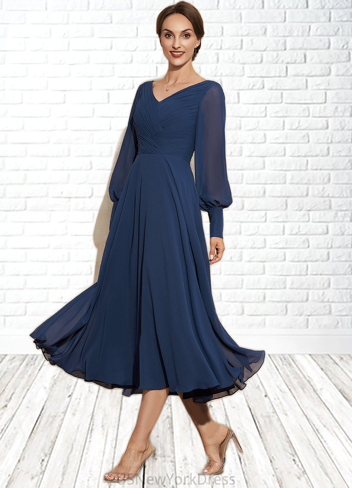 Annabel A-Line V-neck Tea-Length Chiffon Mother of the Bride Dress With Ruffle DJ126P0014669