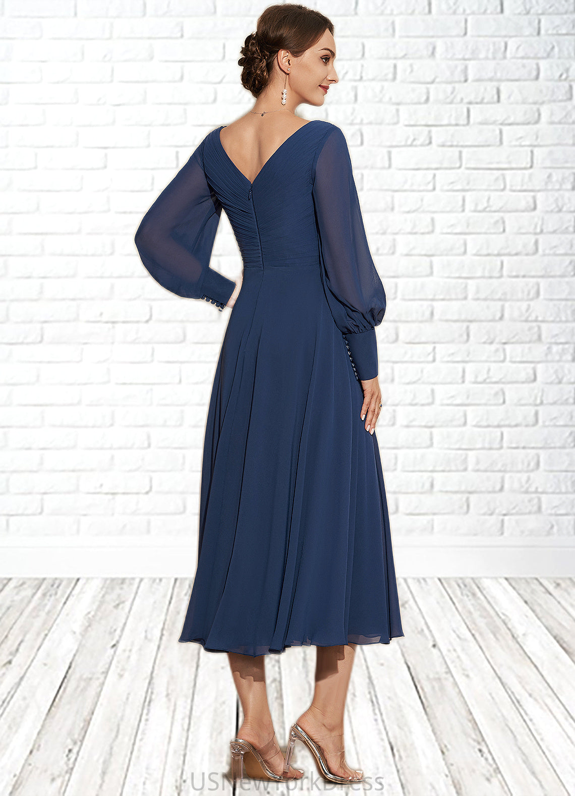 Annabel A-Line V-neck Tea-Length Chiffon Mother of the Bride Dress With Ruffle DJ126P0014669