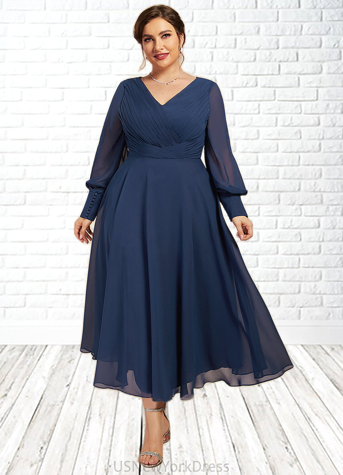 Annabel A-Line V-neck Tea-Length Chiffon Mother of the Bride Dress With Ruffle DJ126P0014669