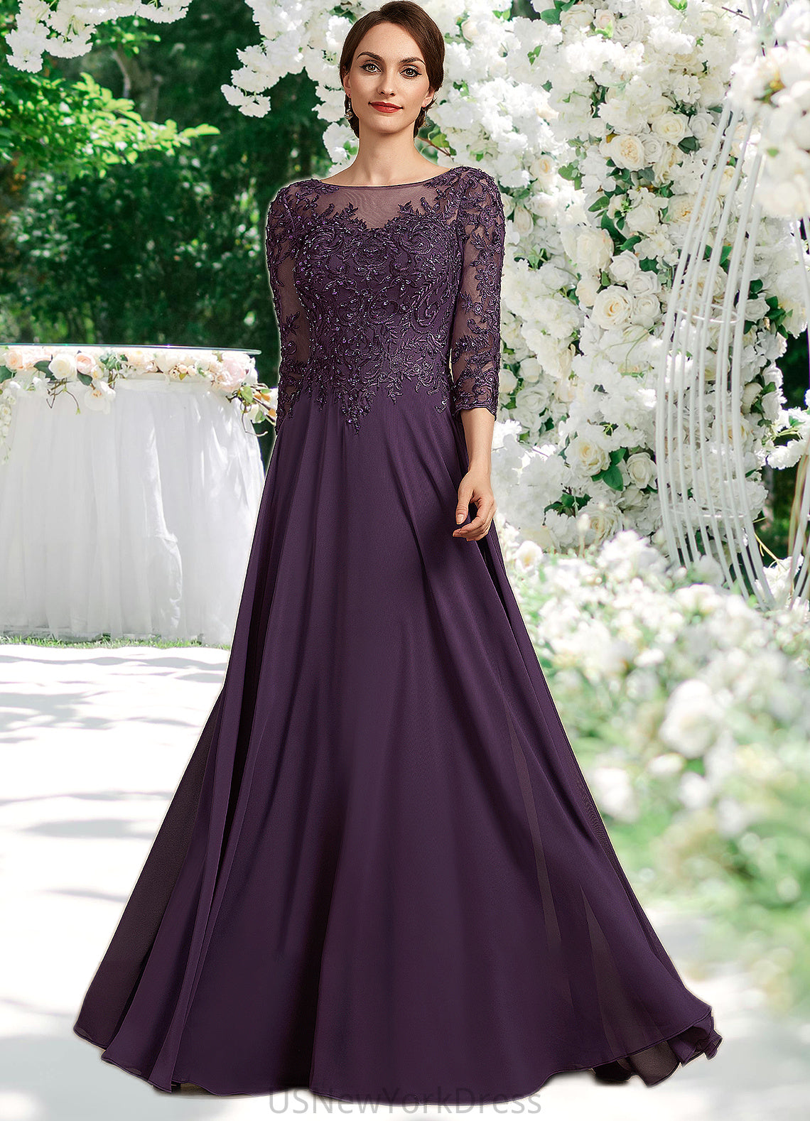 Claire A-Line Scoop Neck Floor-Length Chiffon Lace Mother of the Bride Dress With Sequins DJ126P0014670