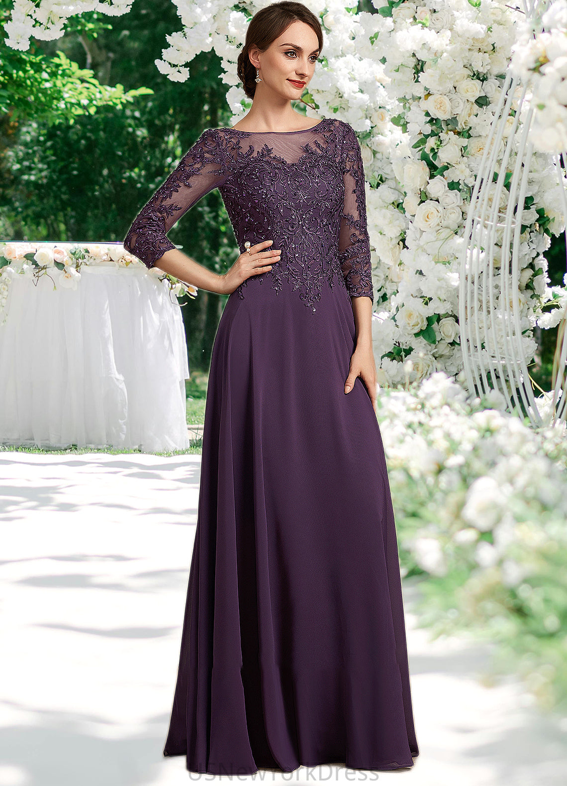 Claire A-Line Scoop Neck Floor-Length Chiffon Lace Mother of the Bride Dress With Sequins DJ126P0014670