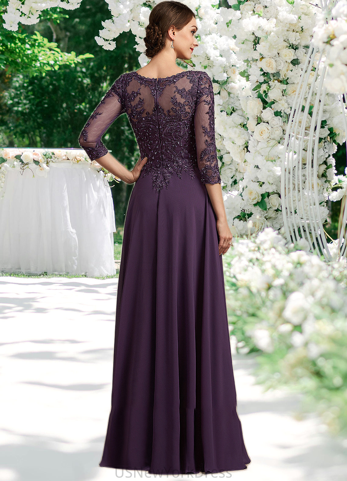 Claire A-Line Scoop Neck Floor-Length Chiffon Lace Mother of the Bride Dress With Sequins DJ126P0014670