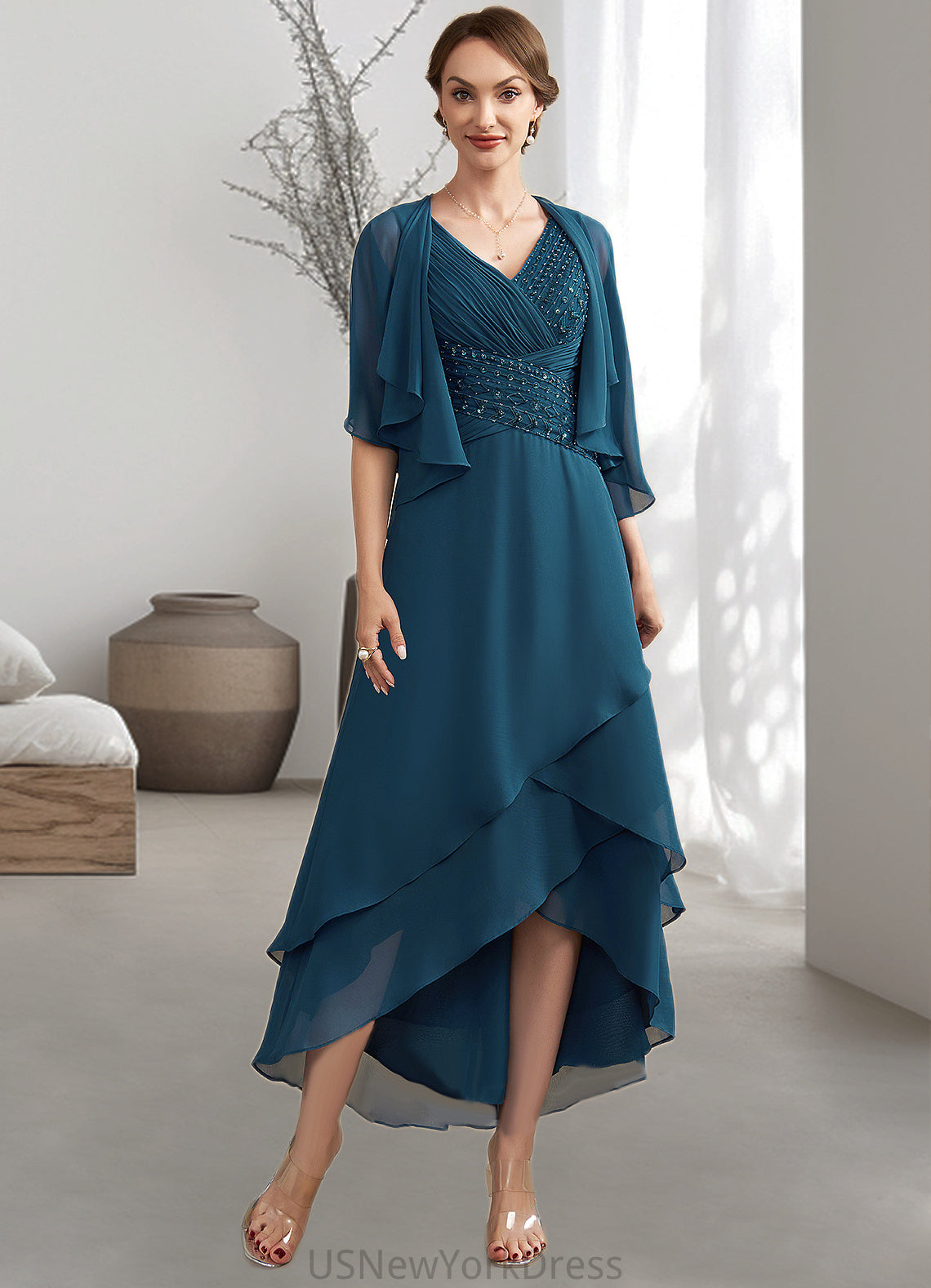 Pauline A-Line V-neck Asymmetrical Chiffon Mother of the Bride Dress With Ruffle Beading Sequins DJ126P0014671