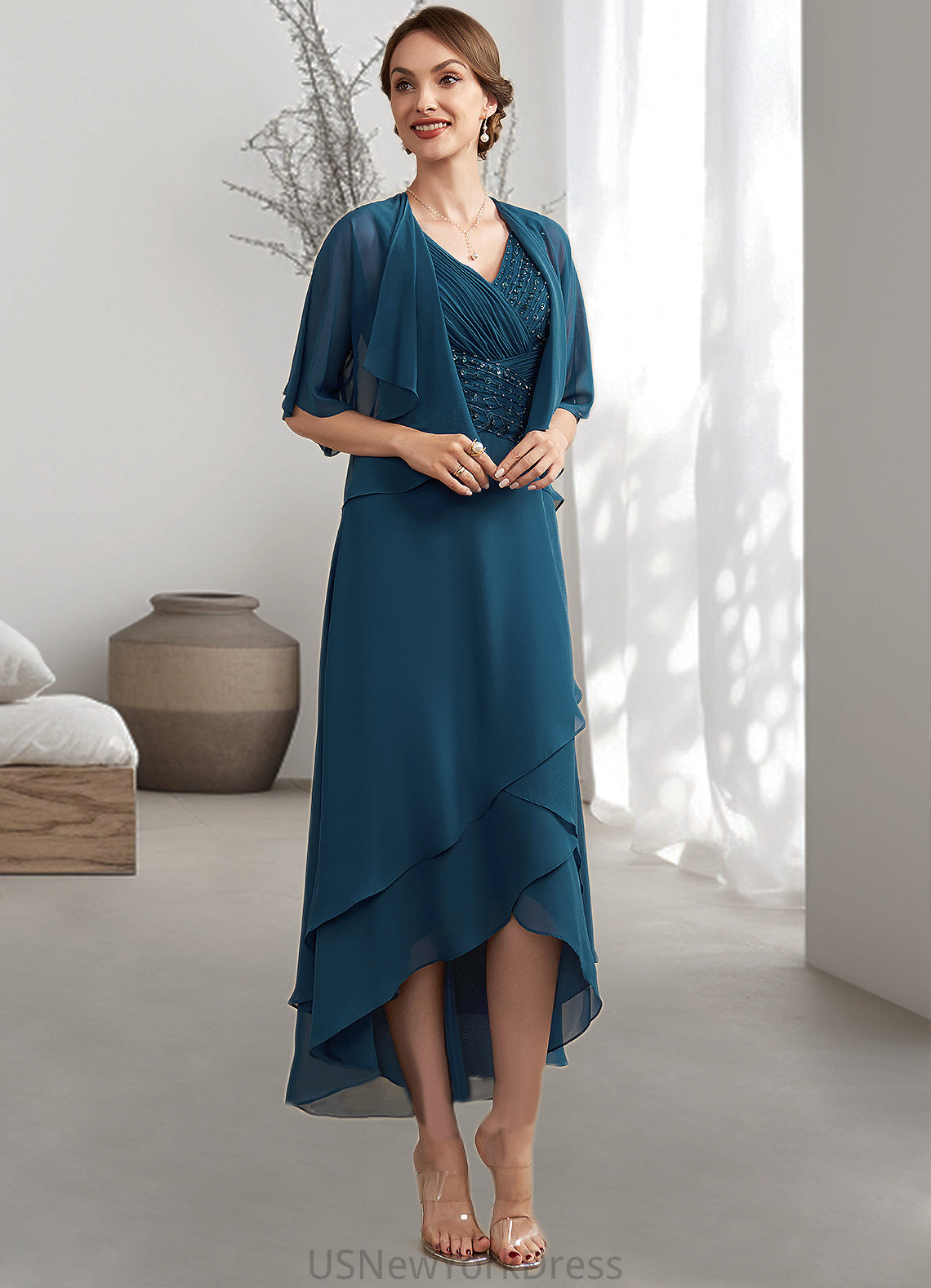 Pauline A-Line V-neck Asymmetrical Chiffon Mother of the Bride Dress With Ruffle Beading Sequins DJ126P0014671