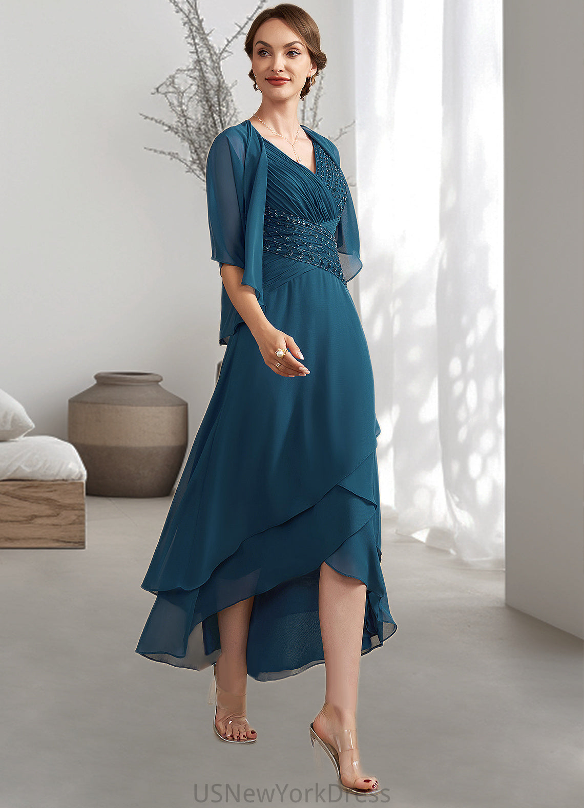 Pauline A-Line V-neck Asymmetrical Chiffon Mother of the Bride Dress With Ruffle Beading Sequins DJ126P0014671