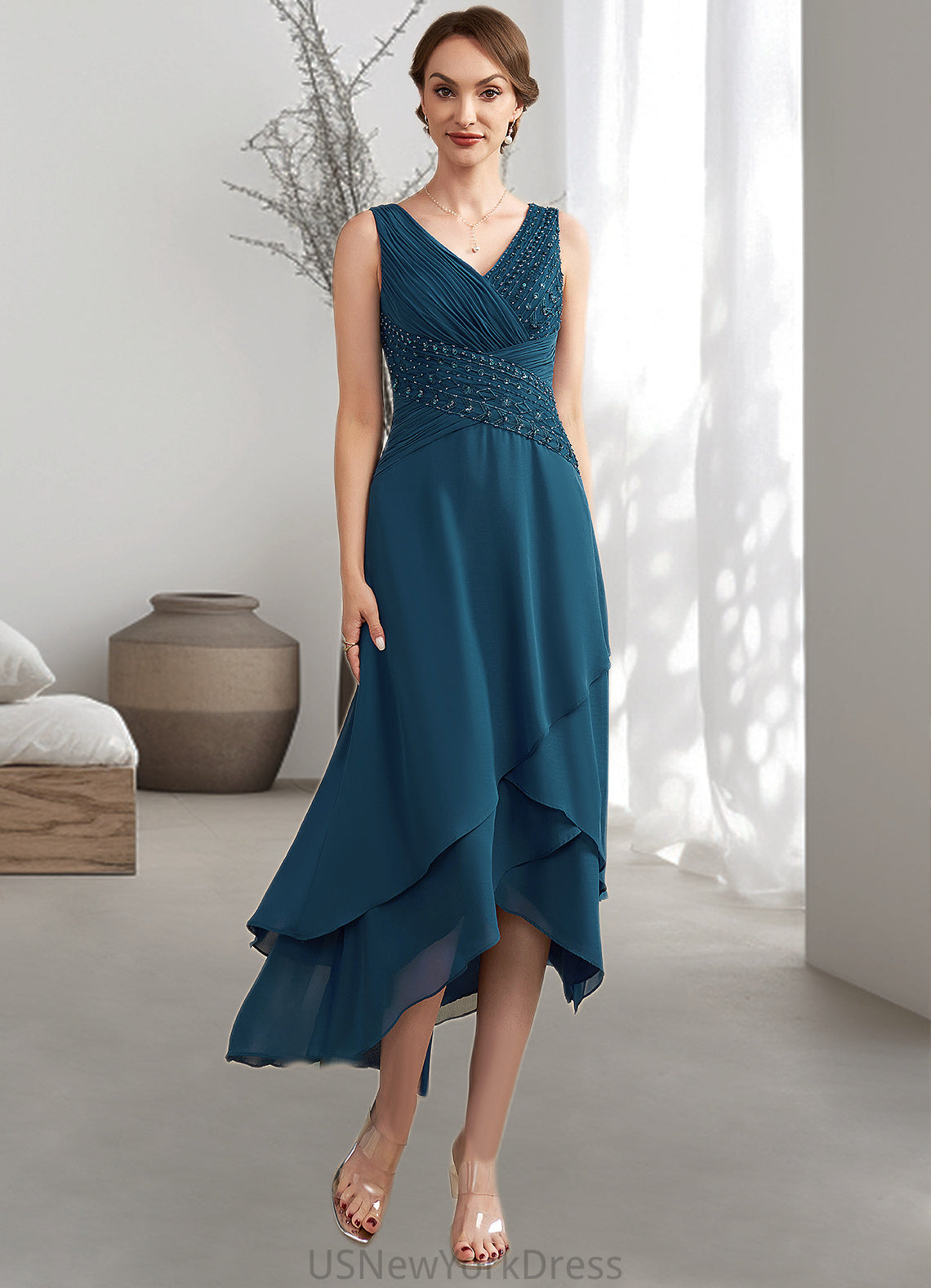 Pauline A-Line V-neck Asymmetrical Chiffon Mother of the Bride Dress With Ruffle Beading Sequins DJ126P0014671