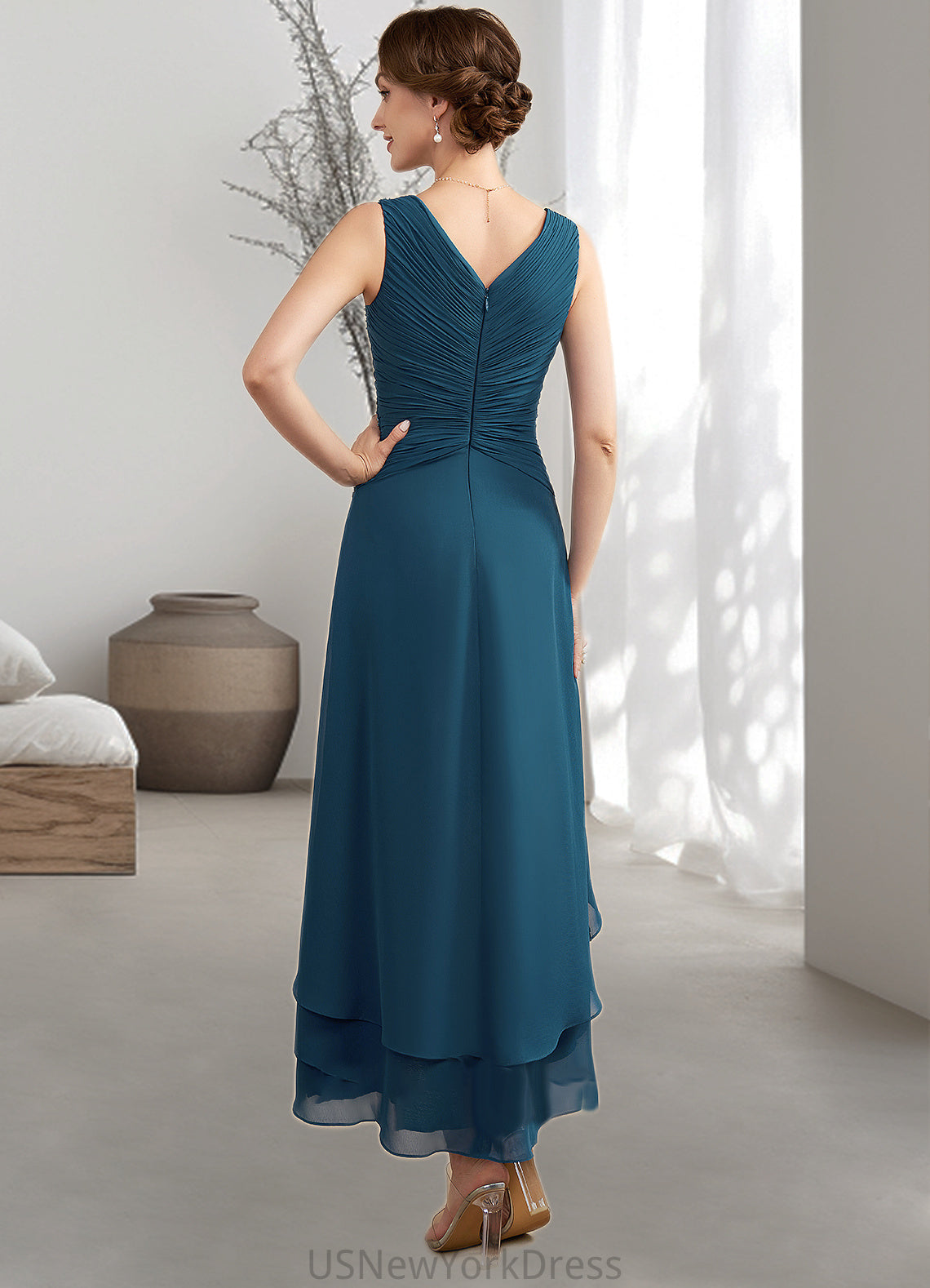 Pauline A-Line V-neck Asymmetrical Chiffon Mother of the Bride Dress With Ruffle Beading Sequins DJ126P0014671