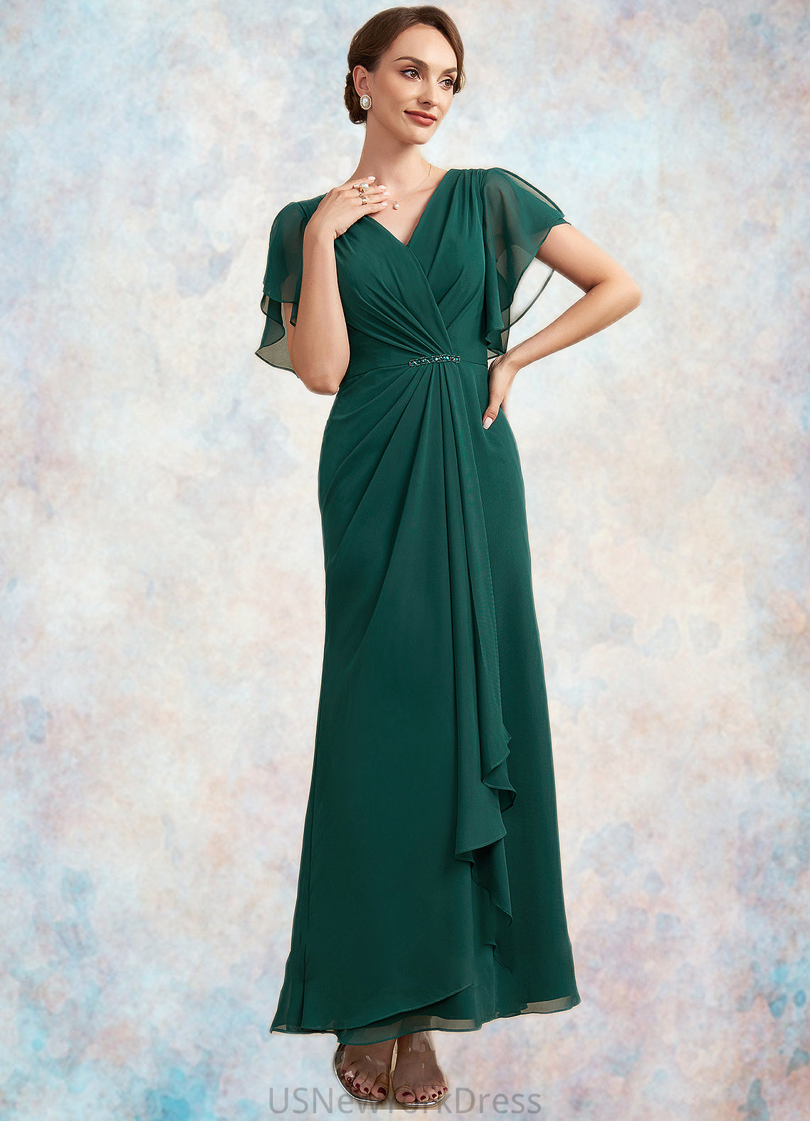 Jaylin A-Line V-neck Ankle-Length Chiffon Mother of the Bride Dress With Ruffle Beading Sequins DJ126P0014672