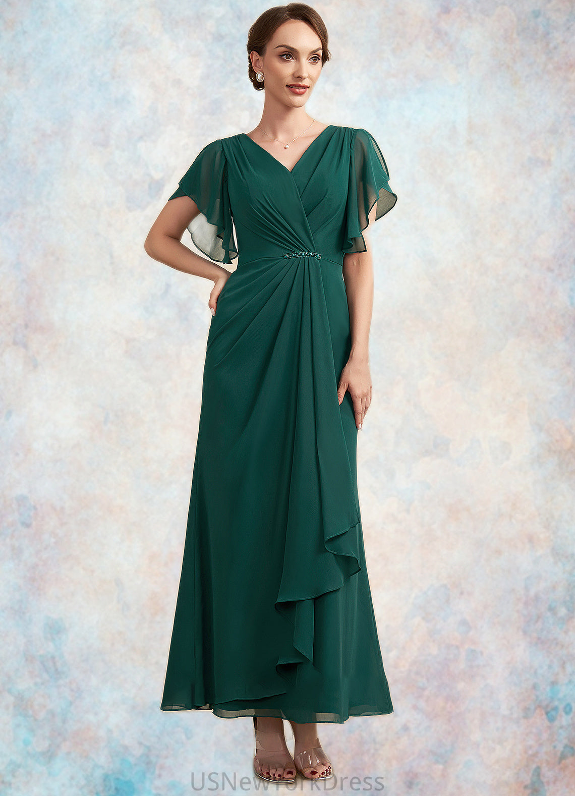 Jaylin A-Line V-neck Ankle-Length Chiffon Mother of the Bride Dress With Ruffle Beading Sequins DJ126P0014672