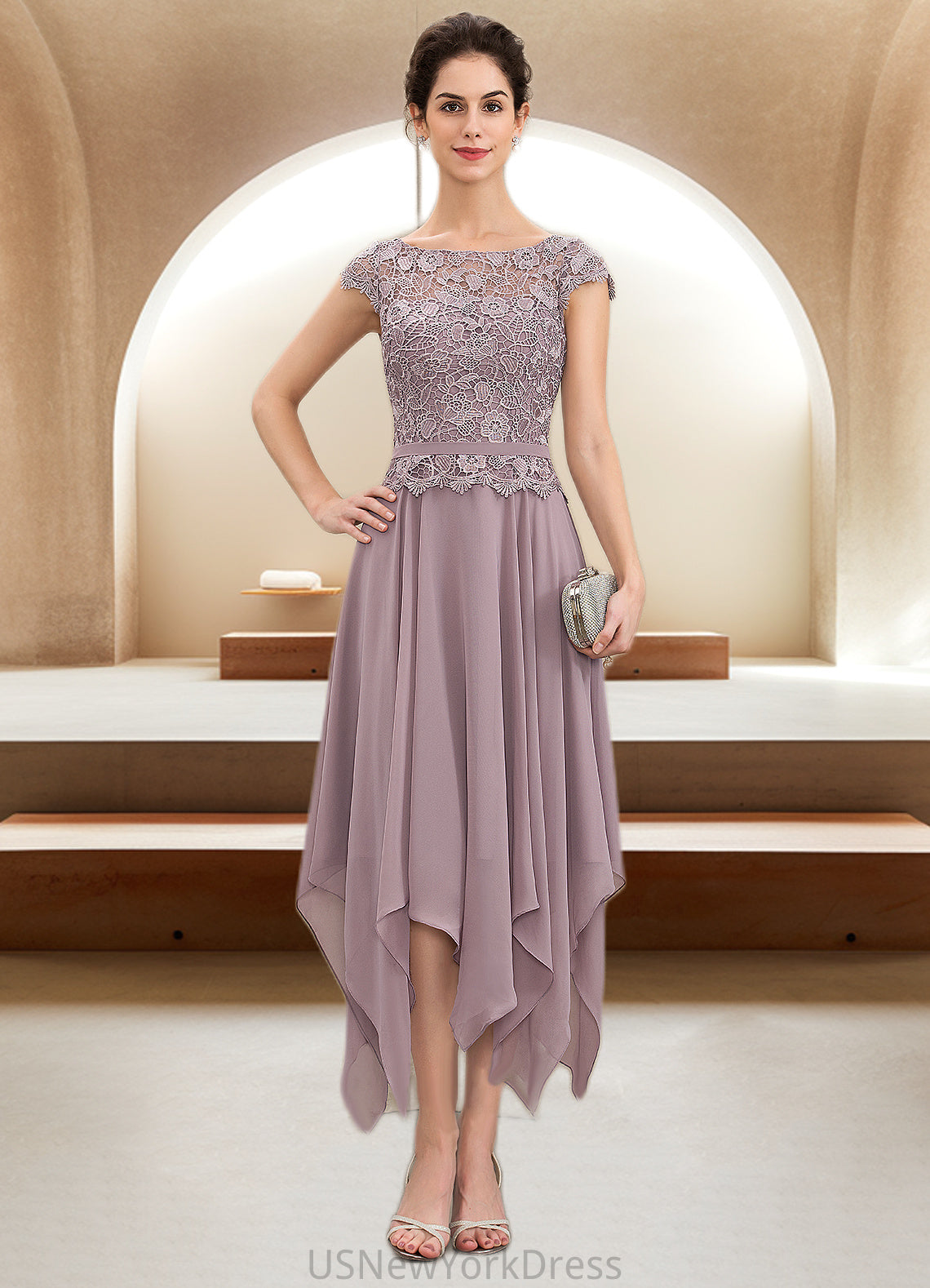 Delilah A-Line Scoop Neck Ankle-Length Chiffon Lace Mother of the Bride Dress With Cascading Ruffles DJ126P0014673