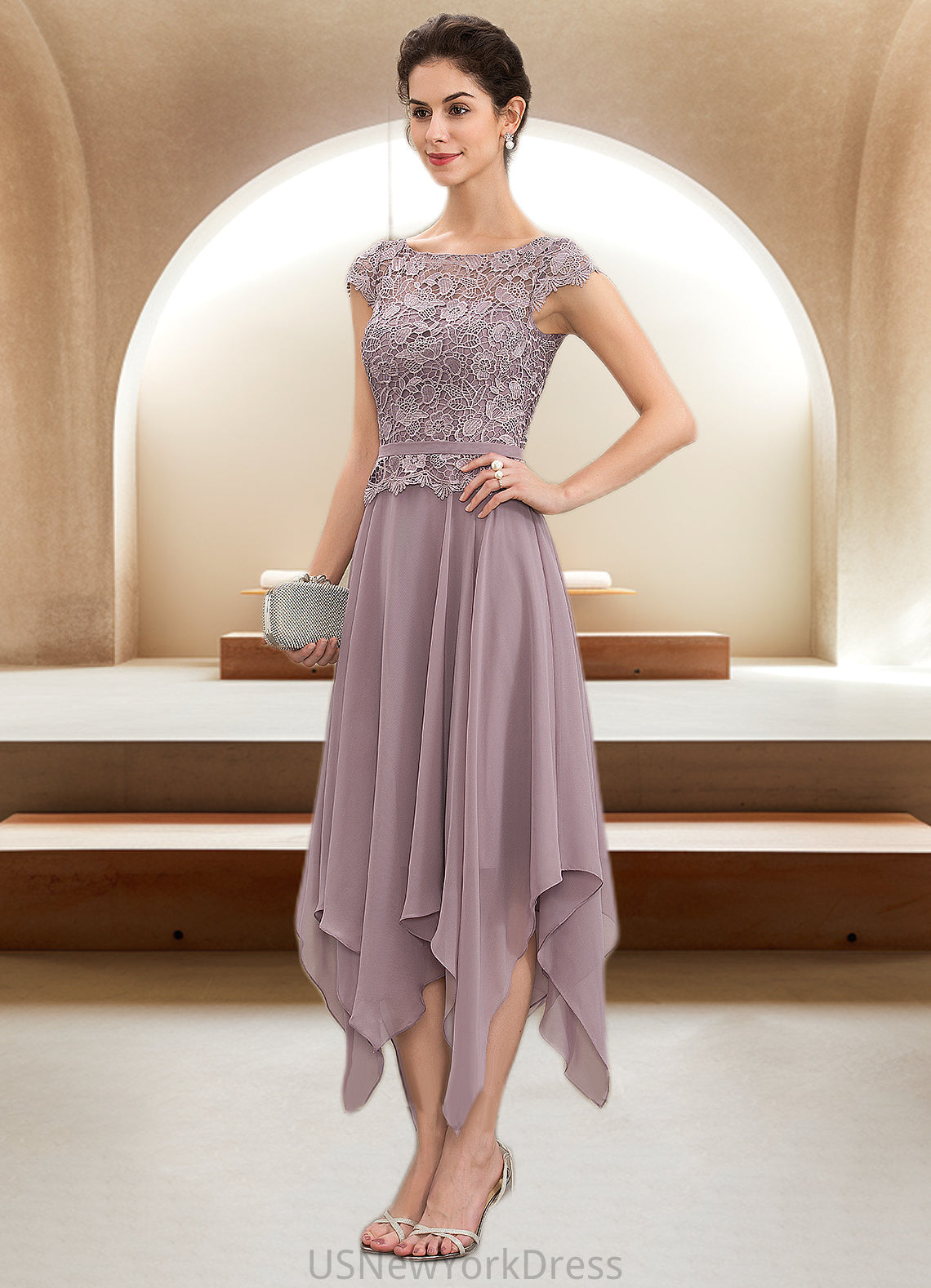 Delilah A-Line Scoop Neck Ankle-Length Chiffon Lace Mother of the Bride Dress With Cascading Ruffles DJ126P0014673