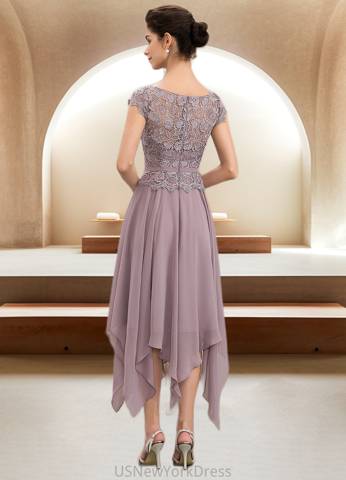 Delilah A-Line Scoop Neck Ankle-Length Chiffon Lace Mother of the Bride Dress With Cascading Ruffles DJ126P0014673