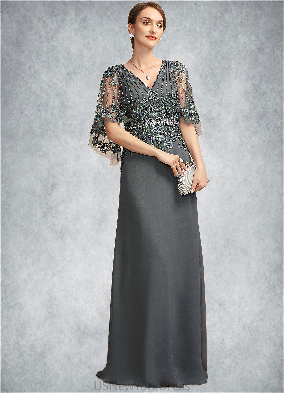 Willow A-Line V-neck Floor-Length Chiffon Lace Mother of the Bride Dress With Beading Sequins DJ126P0014674