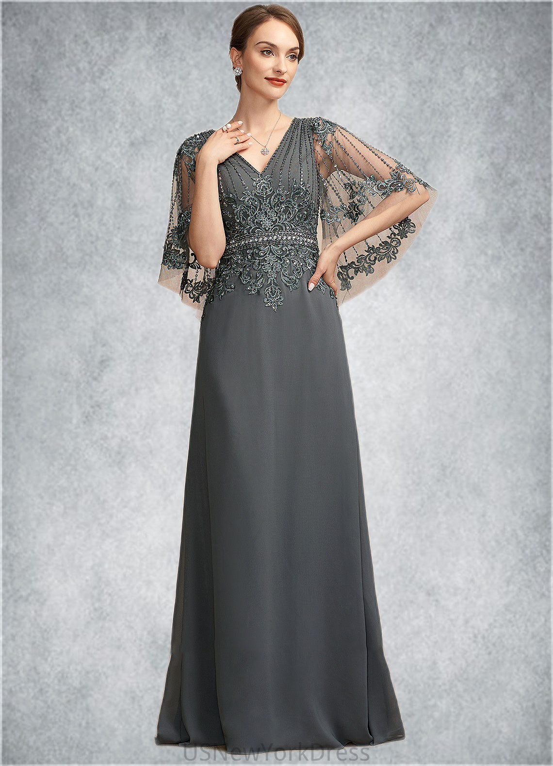 Willow A-Line V-neck Floor-Length Chiffon Lace Mother of the Bride Dress With Beading Sequins DJ126P0014674