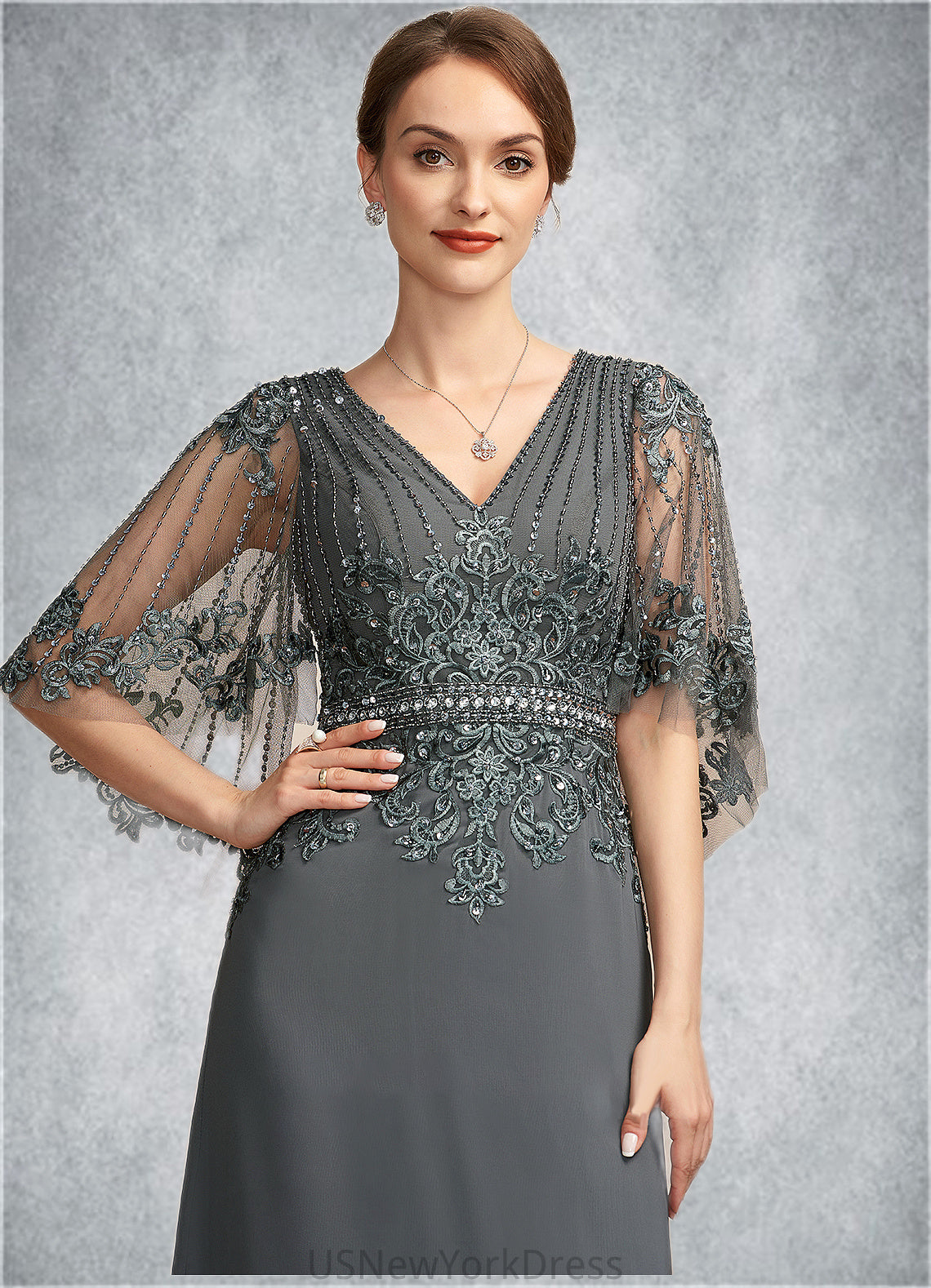 Willow A-Line V-neck Floor-Length Chiffon Lace Mother of the Bride Dress With Beading Sequins DJ126P0014674