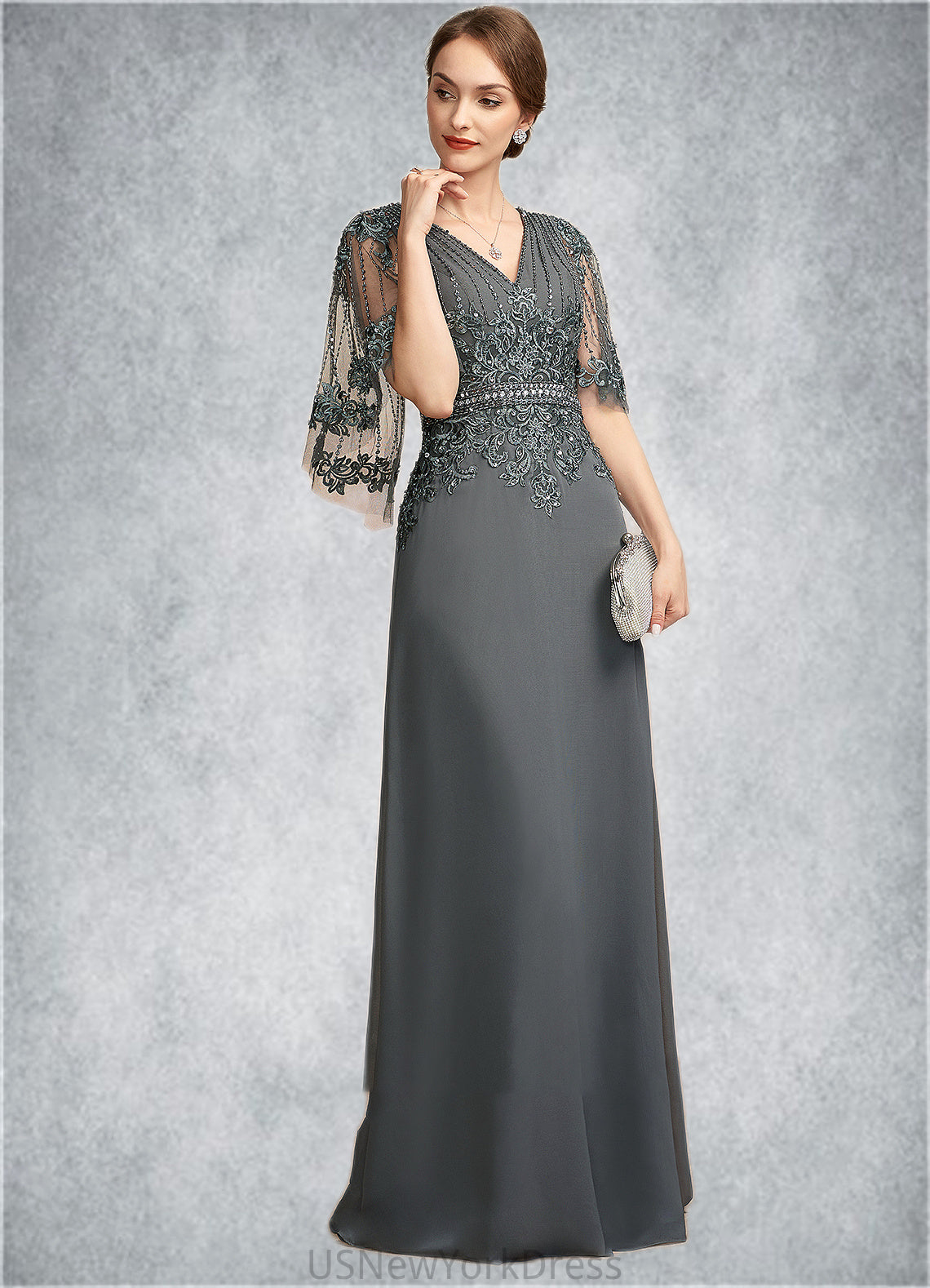 Willow A-Line V-neck Floor-Length Chiffon Lace Mother of the Bride Dress With Beading Sequins DJ126P0014674