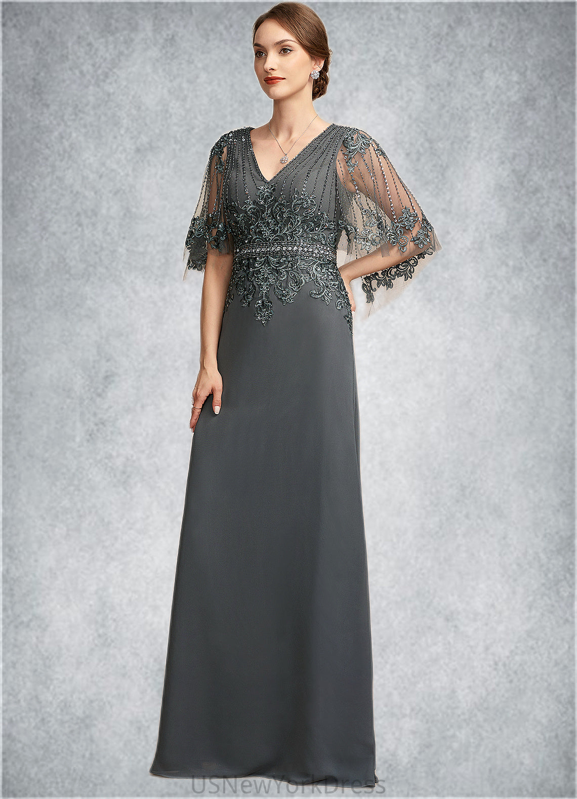 Willow A-Line V-neck Floor-Length Chiffon Lace Mother of the Bride Dress With Beading Sequins DJ126P0014674