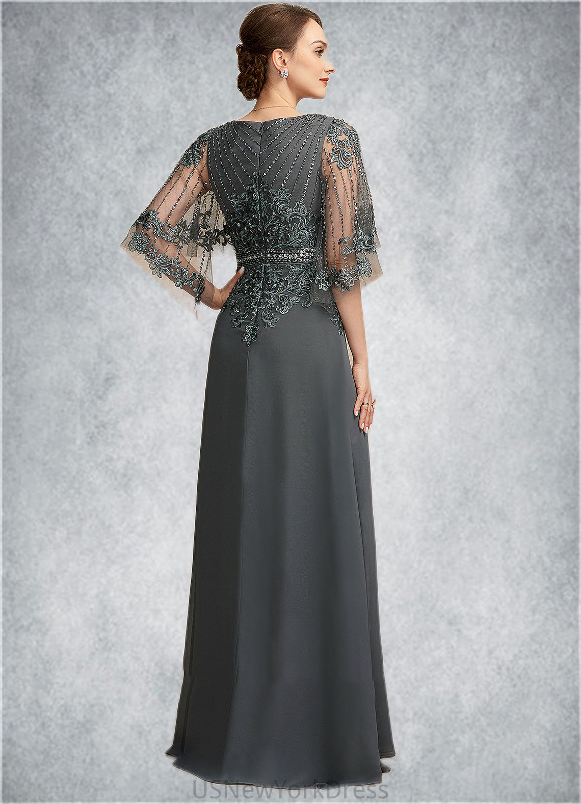 Willow A-Line V-neck Floor-Length Chiffon Lace Mother of the Bride Dress With Beading Sequins DJ126P0014674