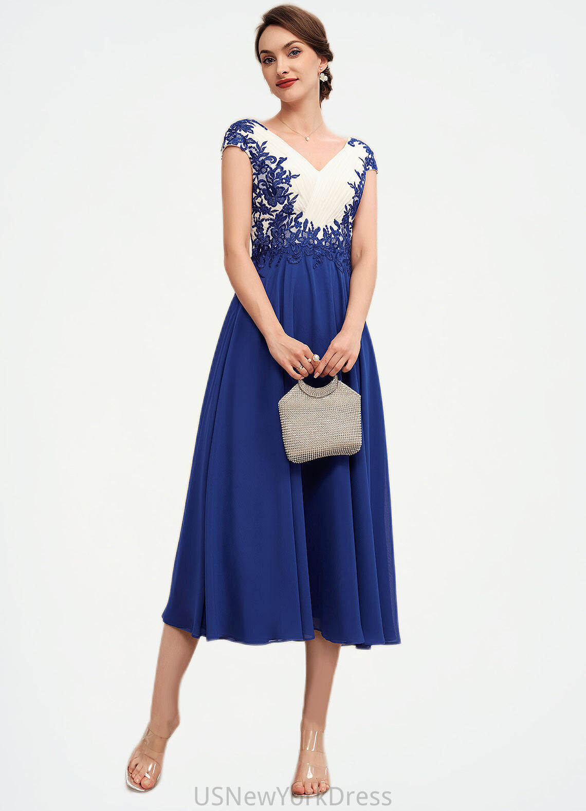 Miranda A-Line V-neck Tea-Length Chiffon Mother of the Bride Dress With Ruffle Lace DJ126P0014677