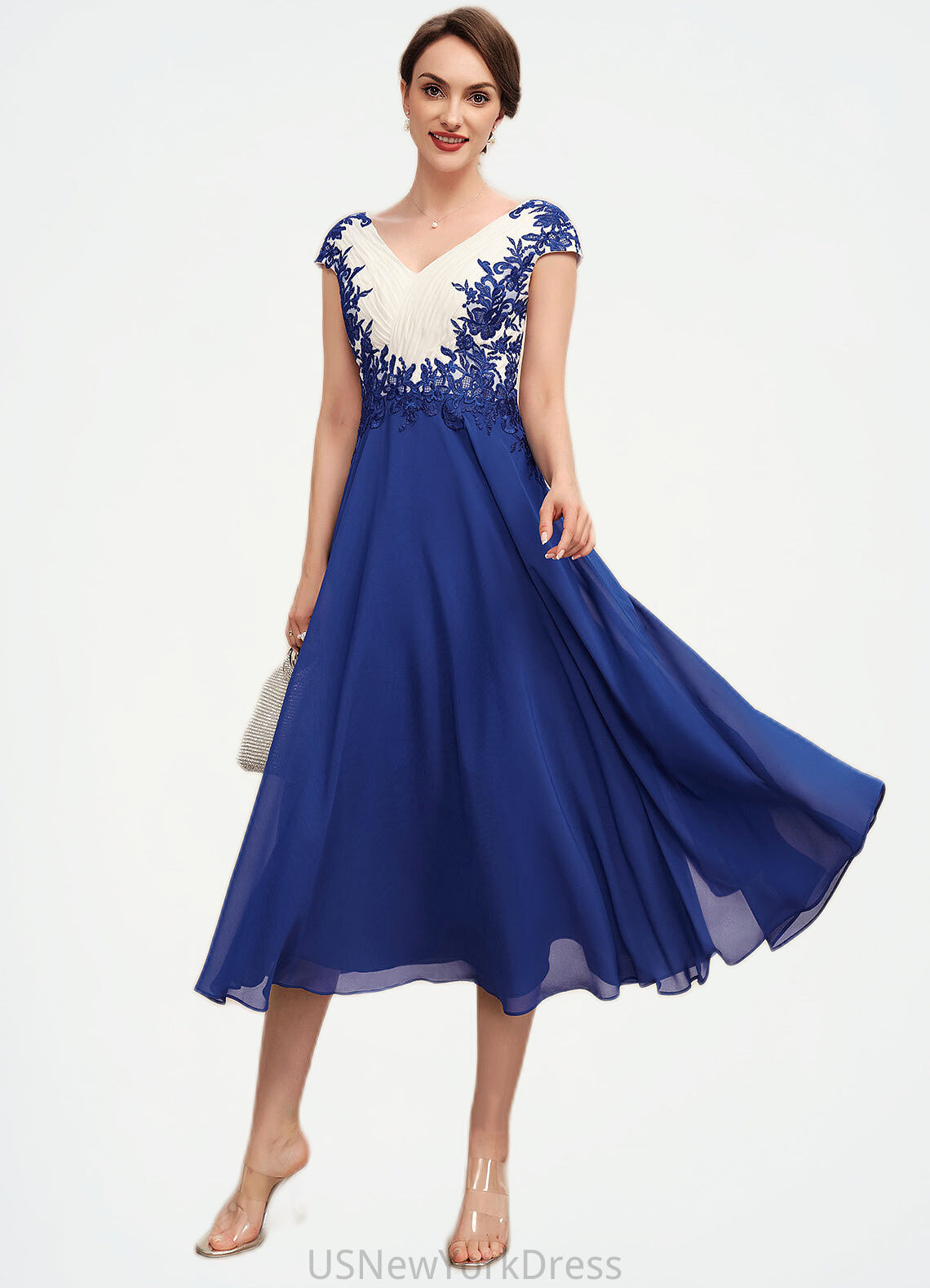 Miranda A-Line V-neck Tea-Length Chiffon Mother of the Bride Dress With Ruffle Lace DJ126P0014677