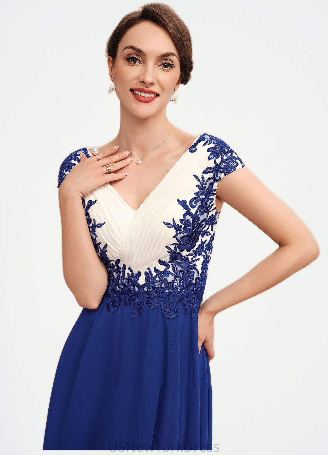 Miranda A-Line V-neck Tea-Length Chiffon Mother of the Bride Dress With Ruffle Lace DJ126P0014677