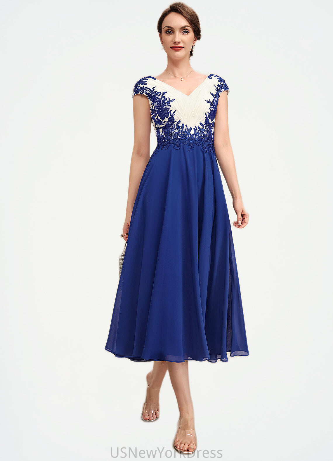 Miranda A-Line V-neck Tea-Length Chiffon Mother of the Bride Dress With Ruffle Lace DJ126P0014677