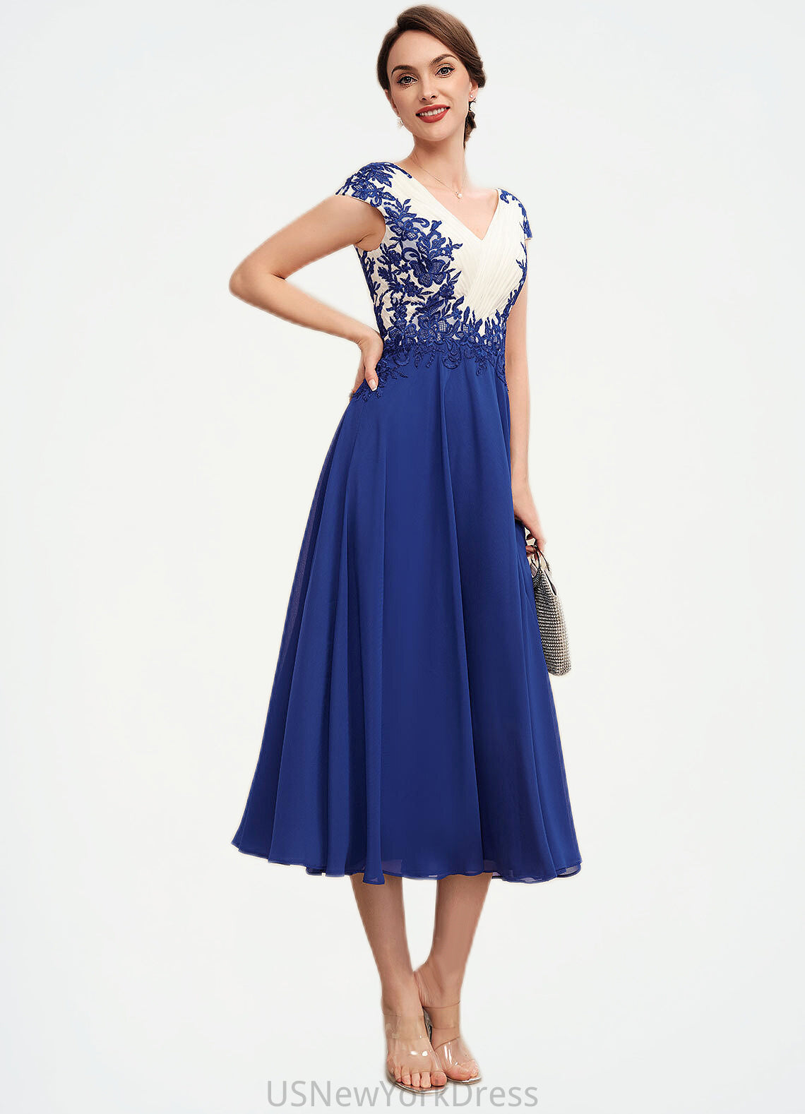 Miranda A-Line V-neck Tea-Length Chiffon Mother of the Bride Dress With Ruffle Lace DJ126P0014677