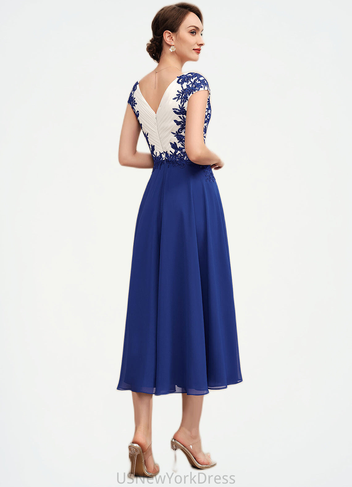 Miranda A-Line V-neck Tea-Length Chiffon Mother of the Bride Dress With Ruffle Lace DJ126P0014677