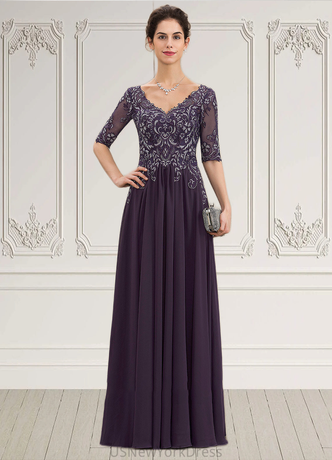 Kiana A-Line V-neck Floor-Length Chiffon Lace Mother of the Bride Dress DJ126P0014678