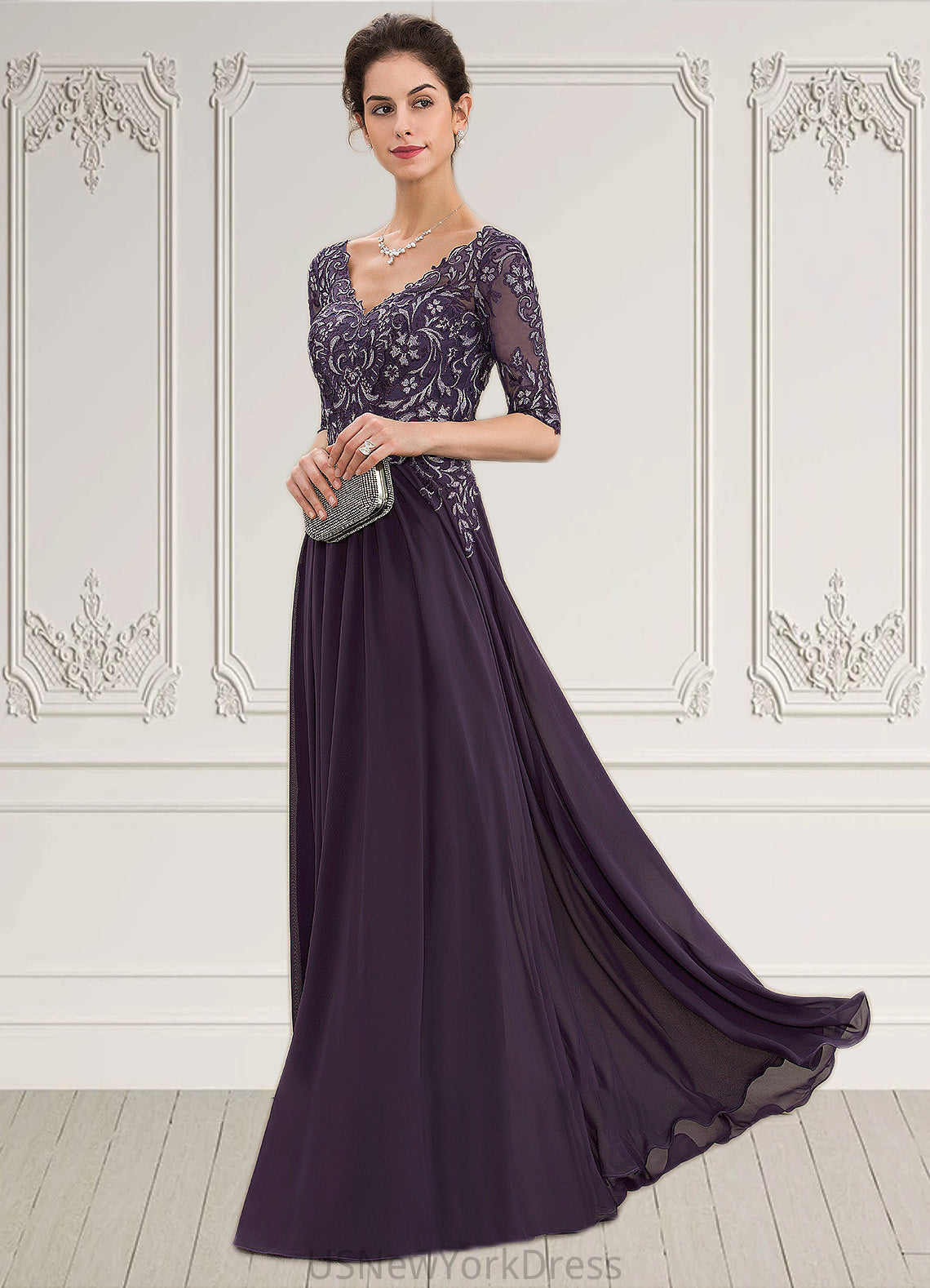 Kiana A-Line V-neck Floor-Length Chiffon Lace Mother of the Bride Dress DJ126P0014678