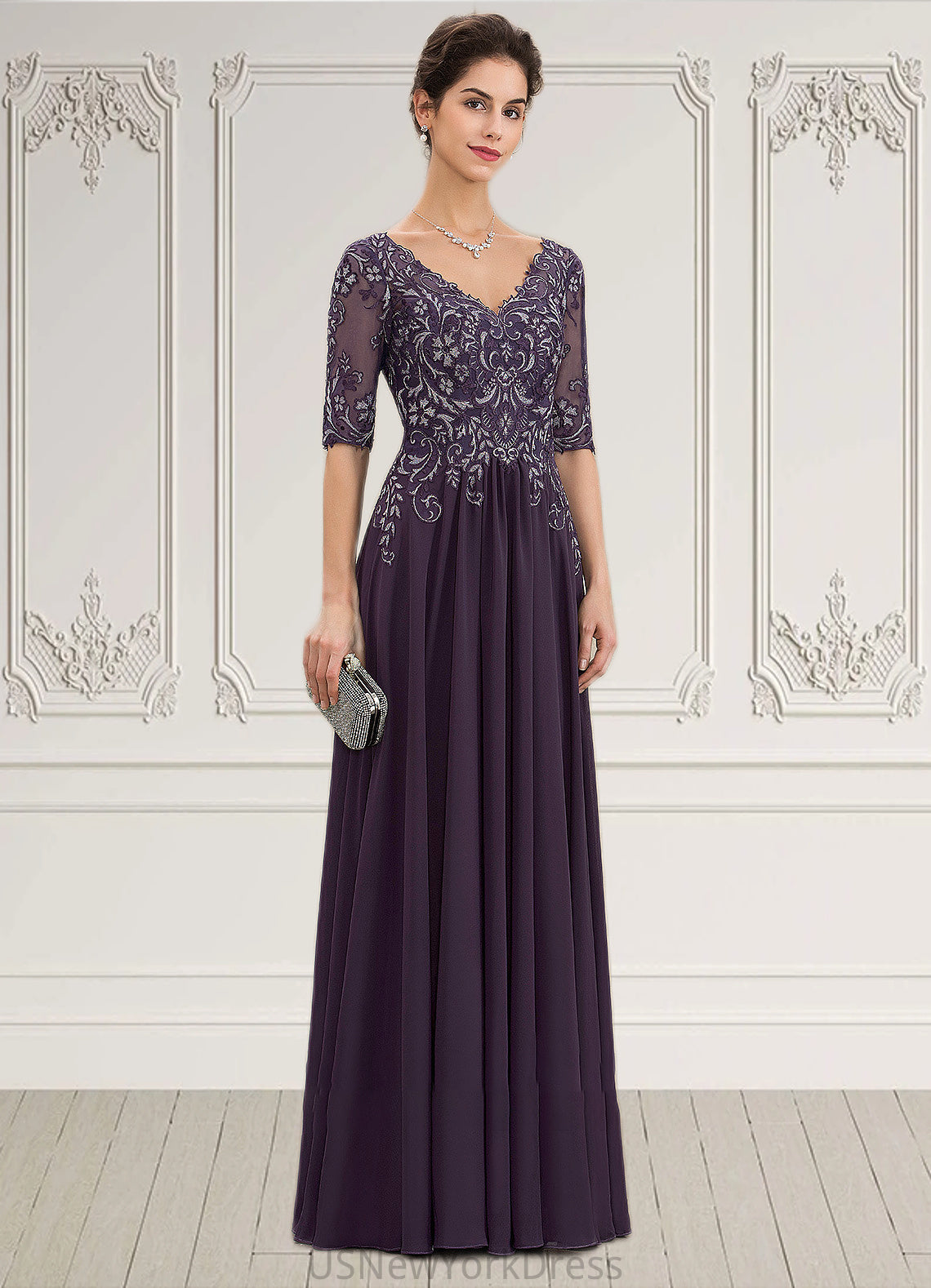 Kiana A-Line V-neck Floor-Length Chiffon Lace Mother of the Bride Dress DJ126P0014678