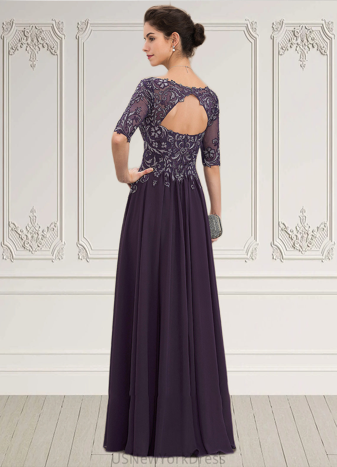 Kiana A-Line V-neck Floor-Length Chiffon Lace Mother of the Bride Dress DJ126P0014678