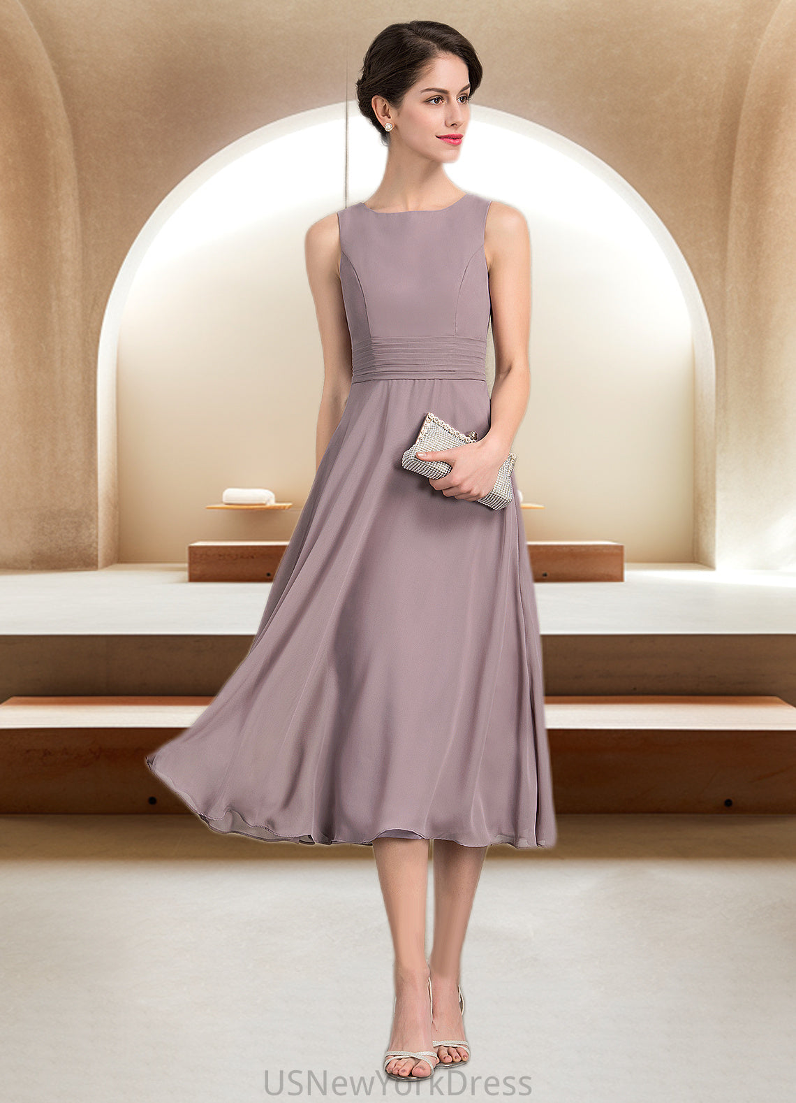 Lorena A-Line Scoop Neck Tea-Length Chiffon Mother of the Bride Dress With Ruffle DJ126P0014679