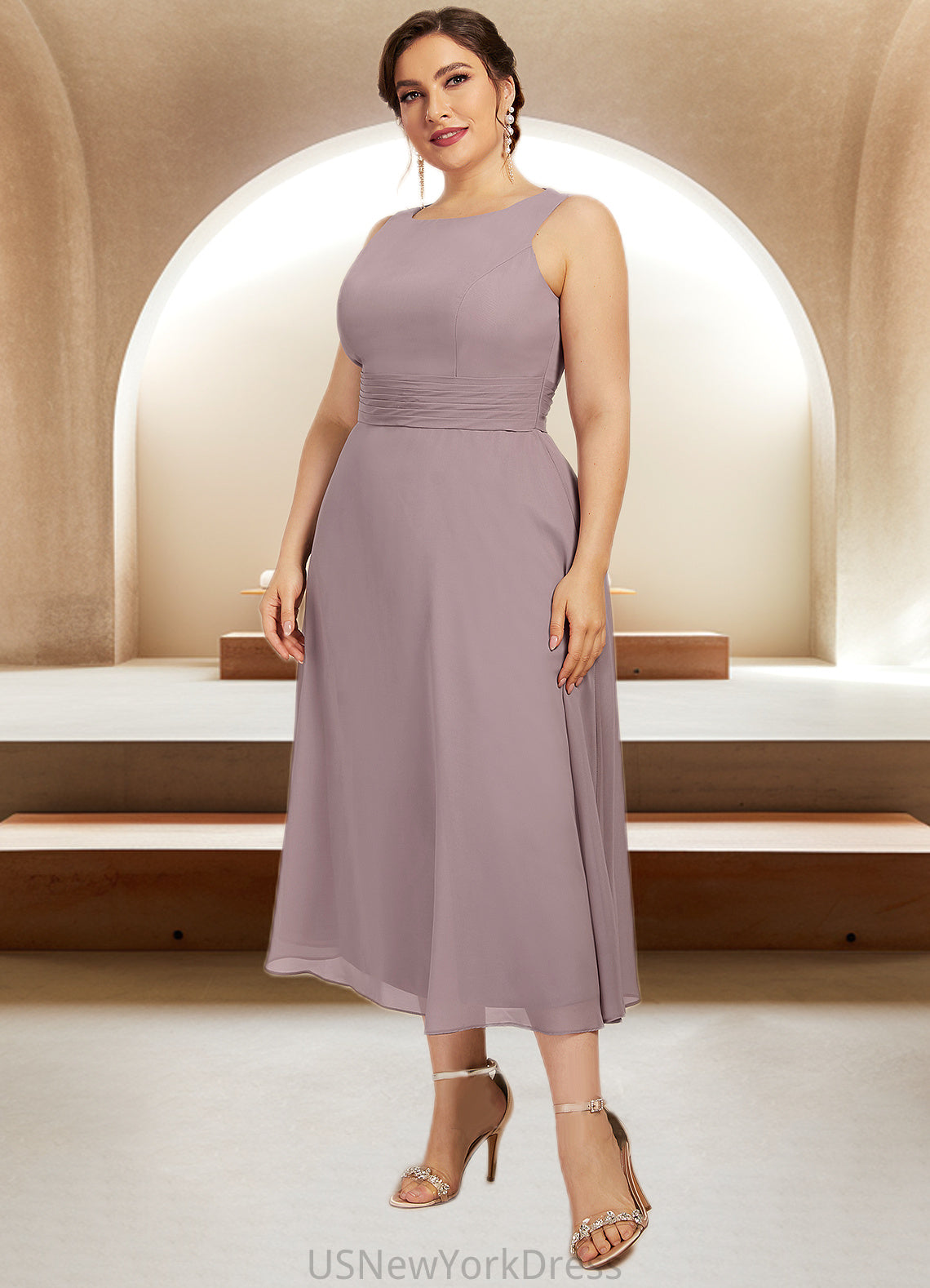 Lorena A-Line Scoop Neck Tea-Length Chiffon Mother of the Bride Dress With Ruffle DJ126P0014679