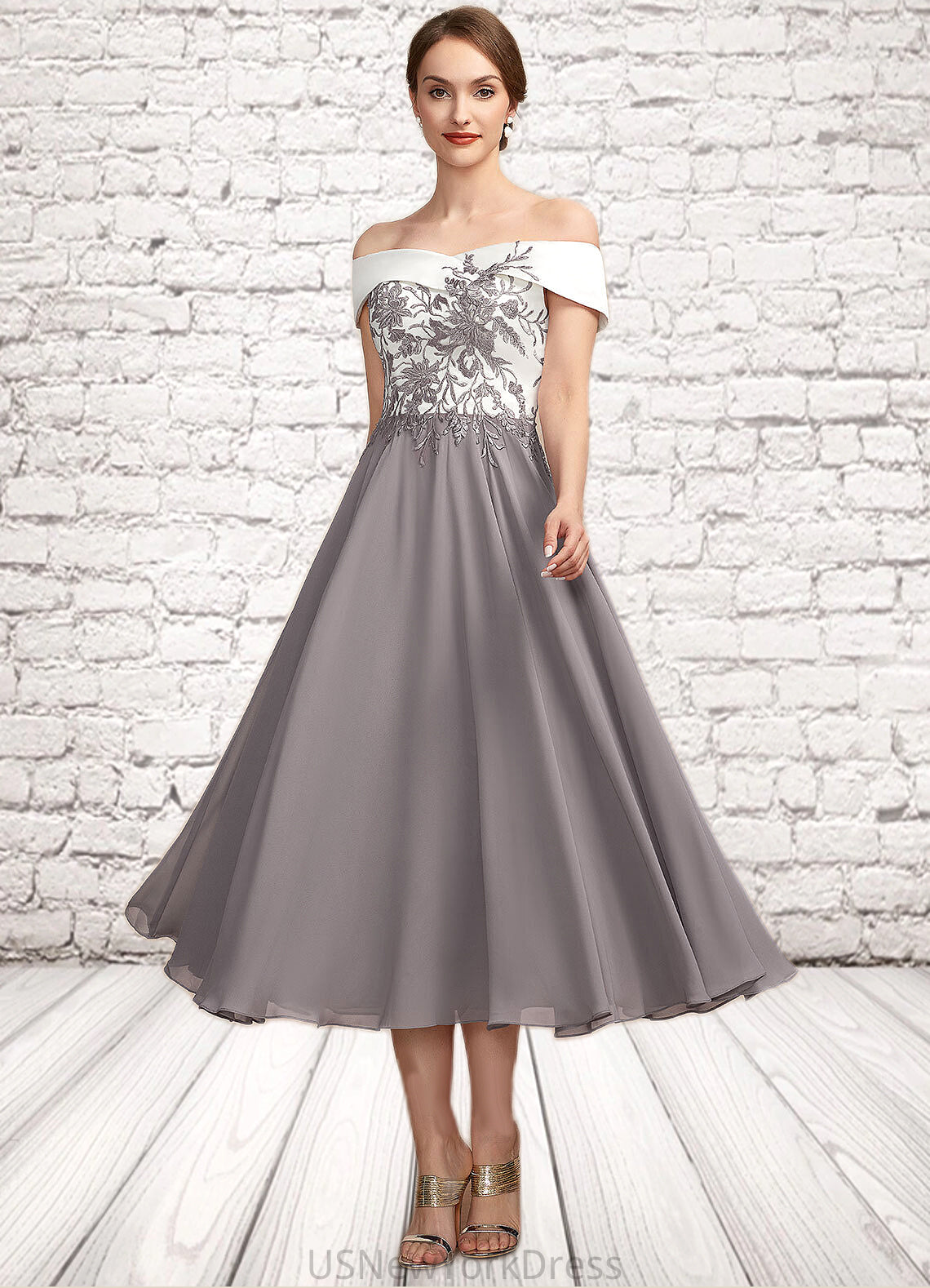 Reyna A-Line Off-the-Shoulder Tea-Length Chiffon Lace Mother of the Bride Dress DJ126P0014680