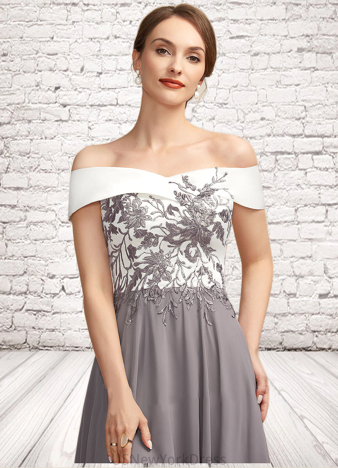 Reyna A-Line Off-the-Shoulder Tea-Length Chiffon Lace Mother of the Bride Dress DJ126P0014680